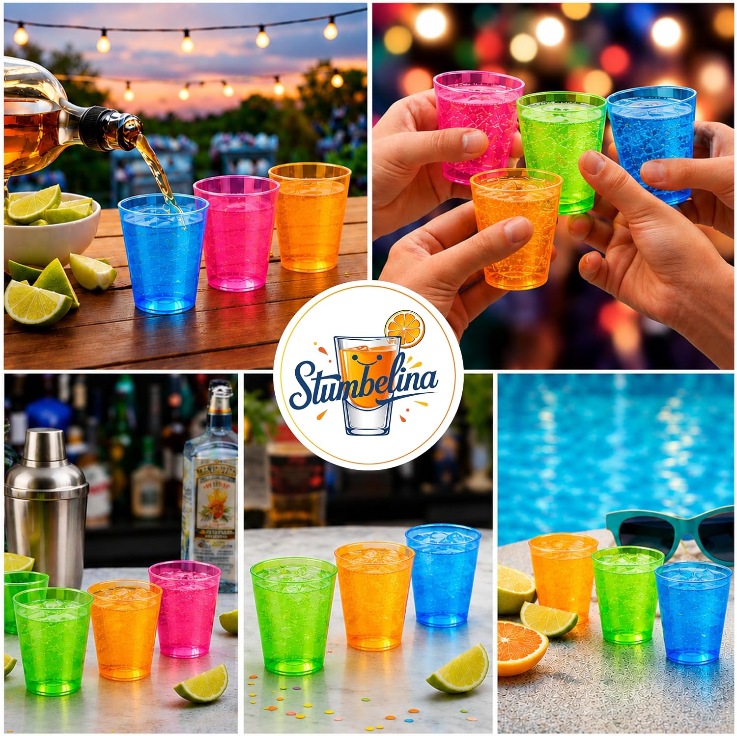 Stumbelina 100 COUNT (2 oz) NEON PLASTIC SHOT GLASS CUPS | Disposable BRIGHT MULTI-COLOR Variety Pack | Glow Party Disco Rave Trinkets Decorations Accessories Decor thumbnail