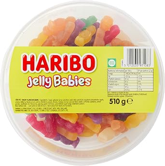 HARIBO Jelly Babies, Gummy Sweets Tub With Super Juicy Flavours, 510 Grams (100 Pieces)