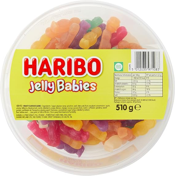 HARIBO Jelly Babies, Gummy Sweets Tub With Super Juicy Flavours, 510 Grams (100 Pieces)