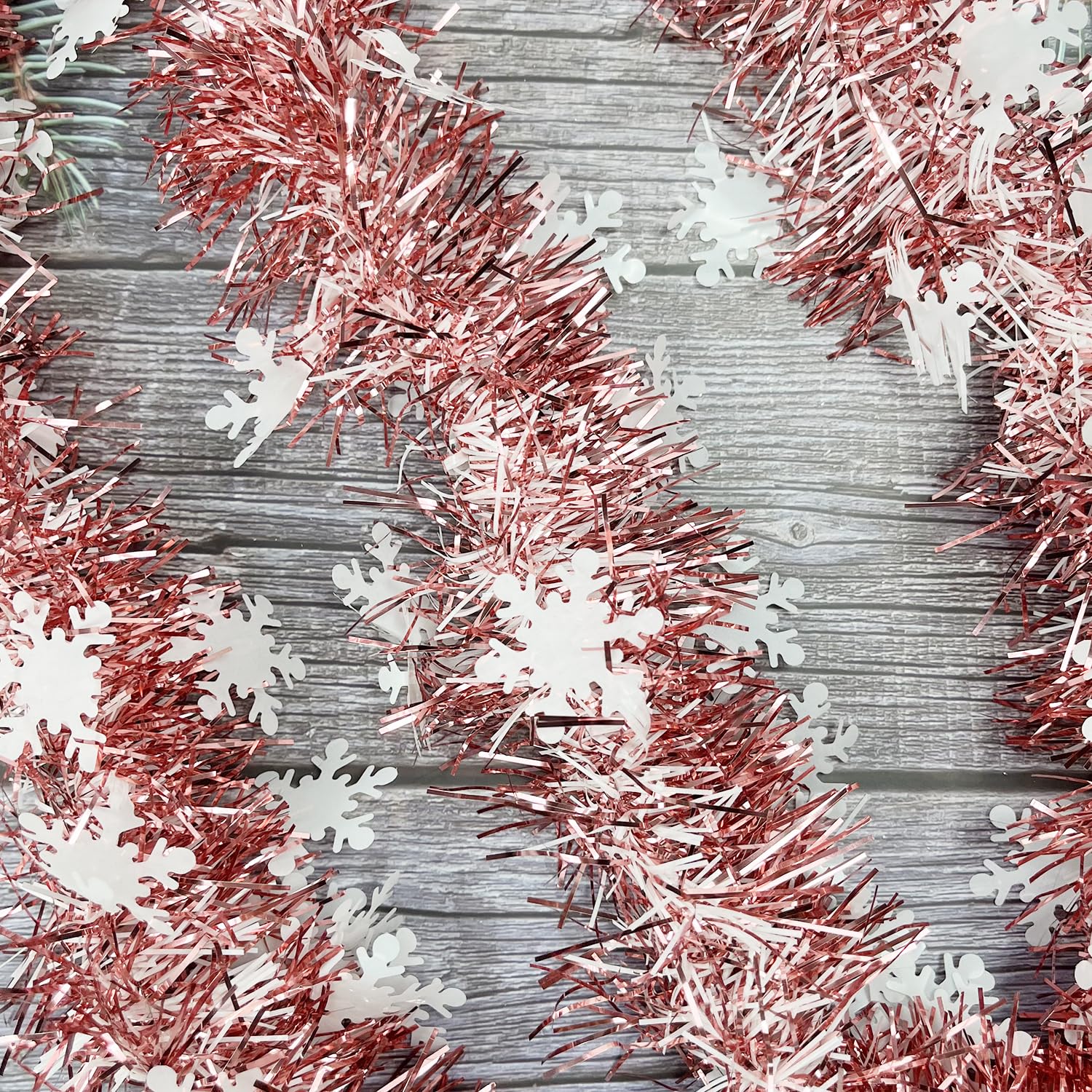 Rose Gold Snowflake Tinsel Garland, 10m / 32.8ft Metallic Shiny Thick Hanging Decorations for Christmas Party Home Decorations - Image 3