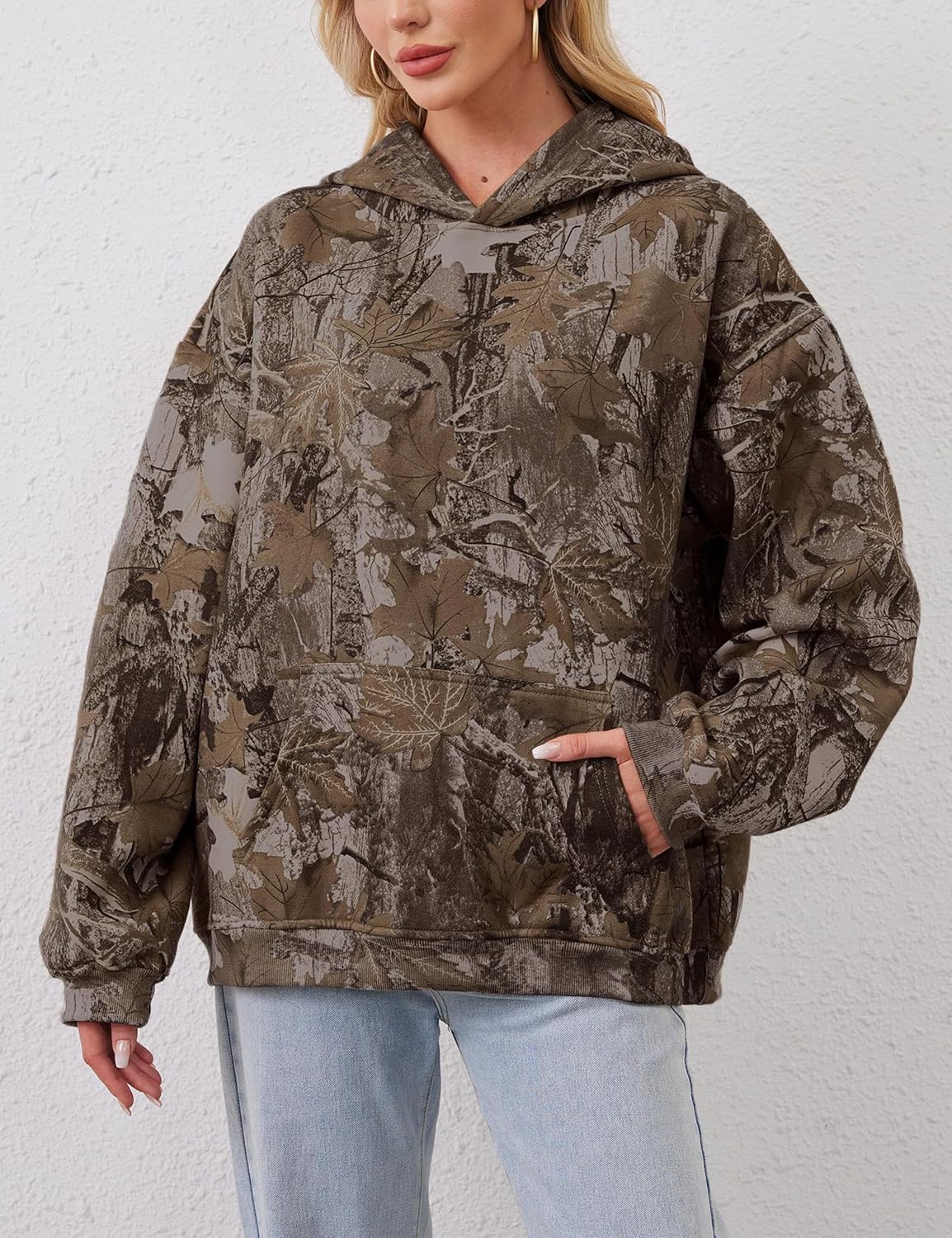 Womens Oversized Camo Hoodie Y2k Maple Leaf Print Fleece Hooded Pullover Sweatshirt Casual Long Sleeve Fall Outfits - Image 2
