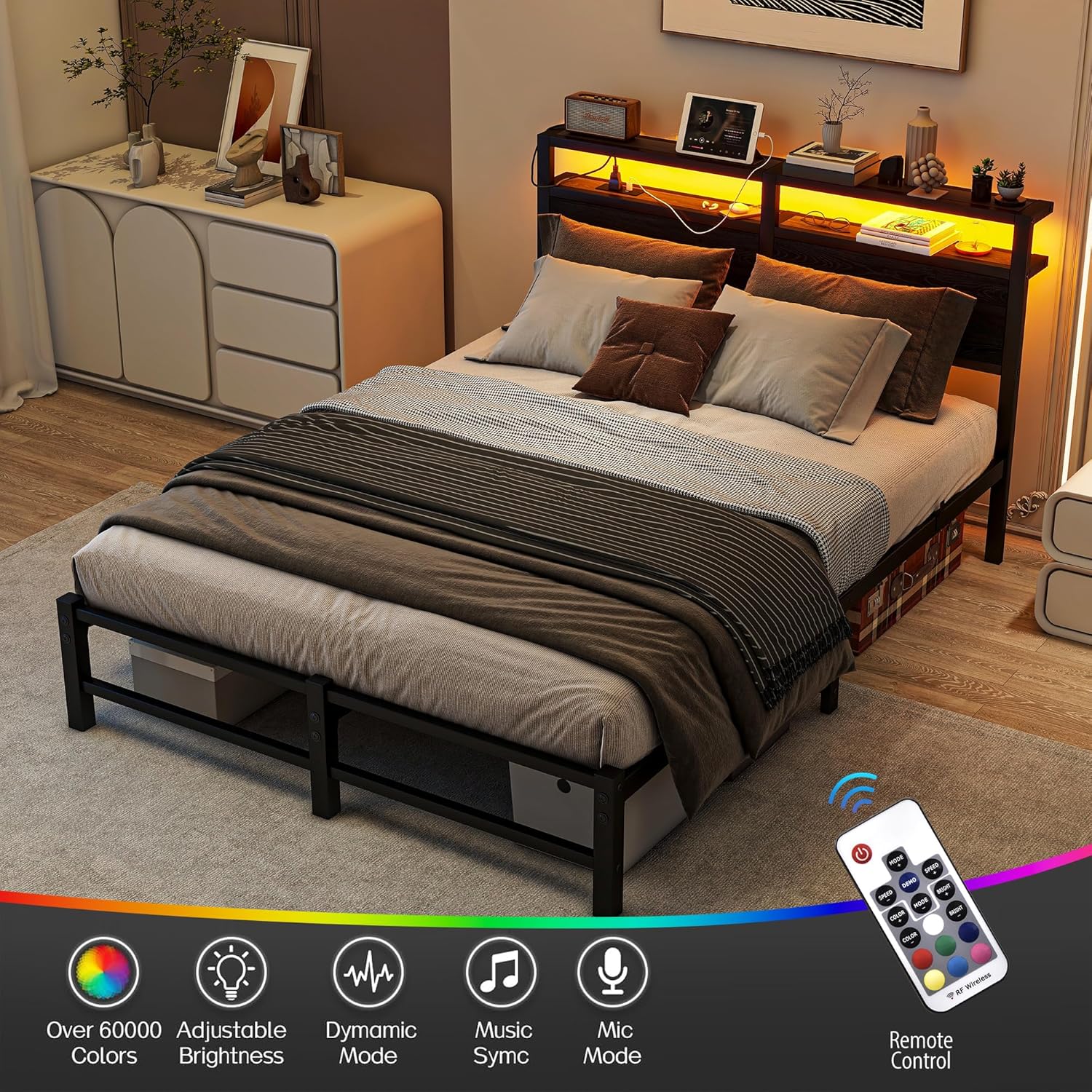 Queen Size Bed Frame with LED Lights Storage Headboard and USB Charging Station,Metal Platform Bed Frame Queen Size,No Box Spring Needed,Strong Heavy Duty Metal Slats,Noise Free,Black - Image 4