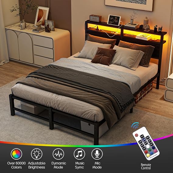 Double Bed Frames with Storage Shelf Headboard, Black