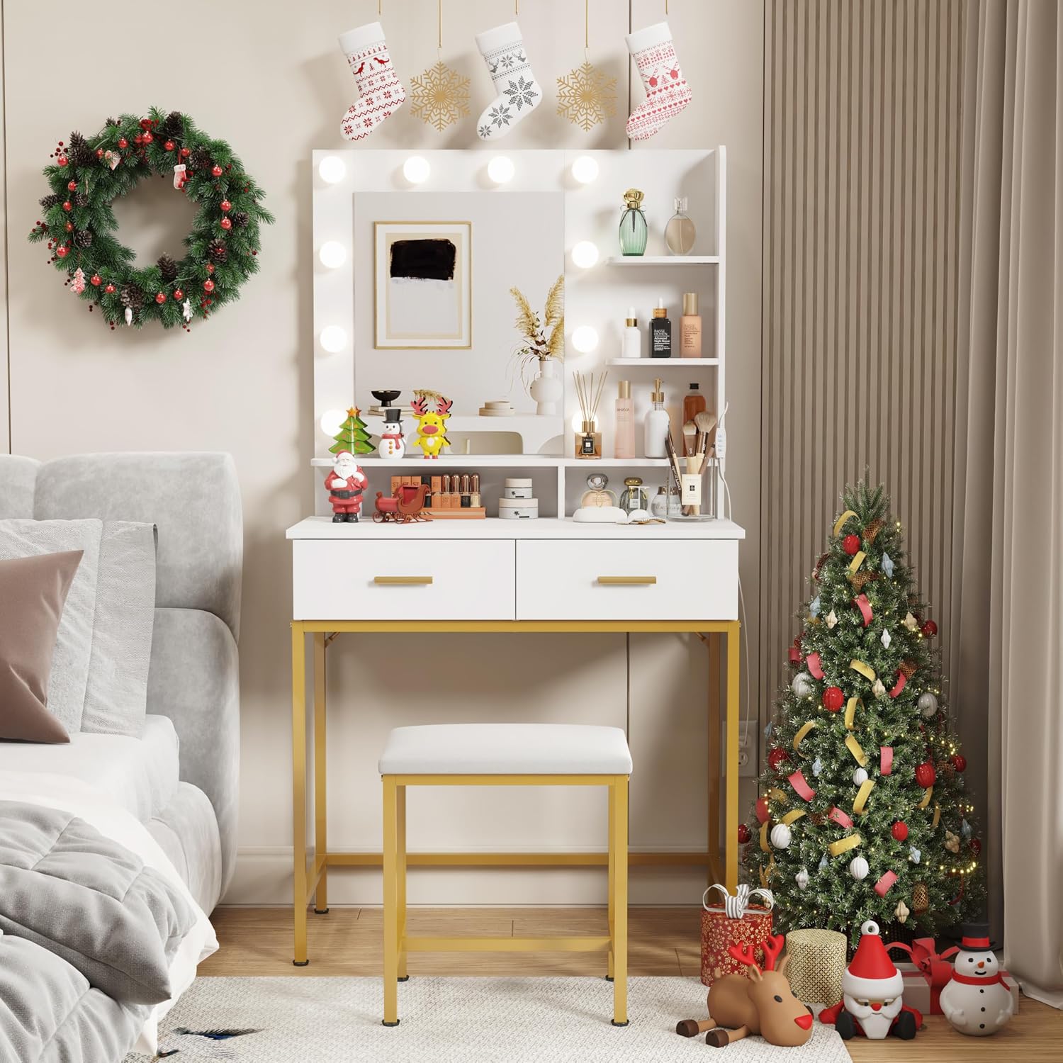 White Vanity with Mirror, Lights, and Gold Legs