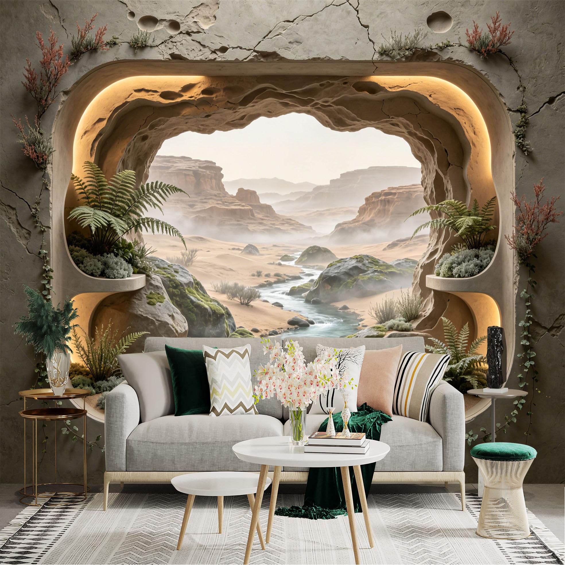 Custom Size Wall Sticker Mural， Desert Canyon with River Stream， Rocks and Green Plants， for wall Decoration， peelandstick wall Decals.