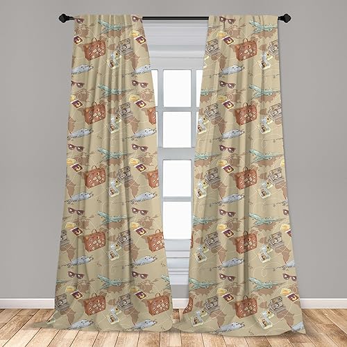 Miniatura 3 de Ambesonne Travel Curtains, Repeating Pattern with Plane Bag Camera and World Map Vintage Retro Style Print, Window Treatments 2 Panel Set for Living