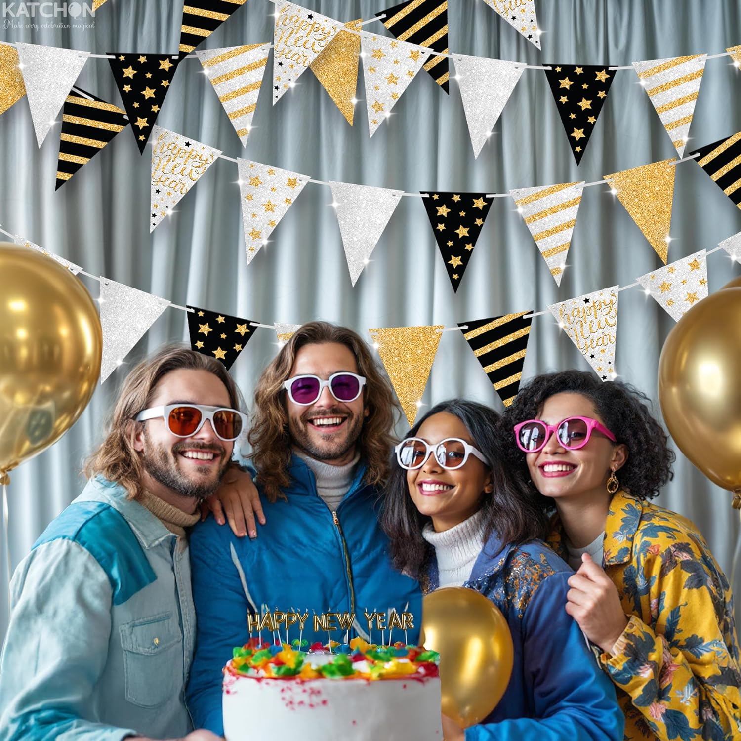 KatchOn, Huge New Year Banner - 30 Feet, No DIY | New Years Decorations 2026 | Black and Gold lines with Triangle Banner for New Years Eve Party Supplies 2026 | New Year Backdrop for NYE Decorations