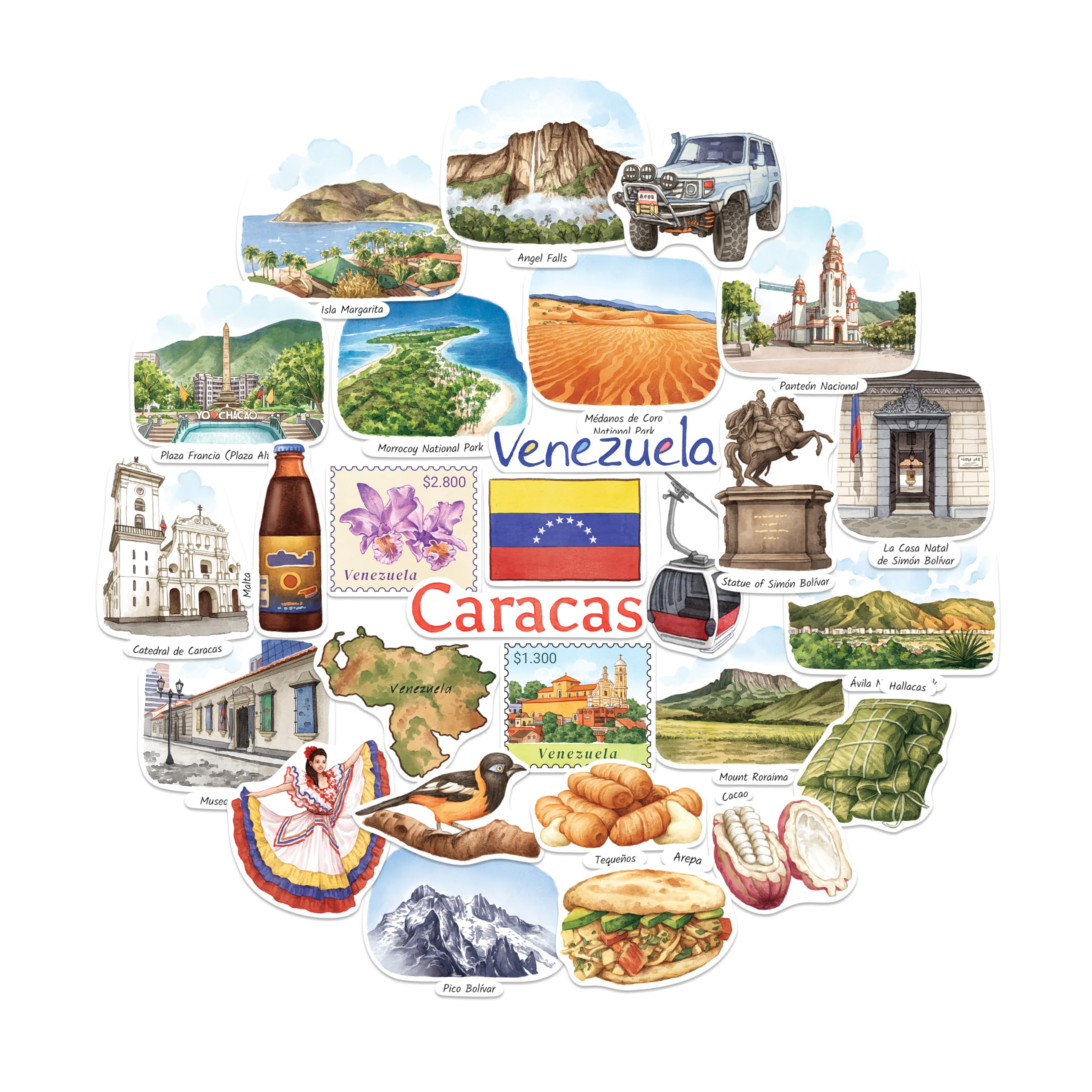 Navy Peony Vibrant Venezuela Travel Stickers (28pcs) - Watercolor, Caribbean, Caracas Venezuelan-Themed Decals for Journals, Scrapbooks, Luggage