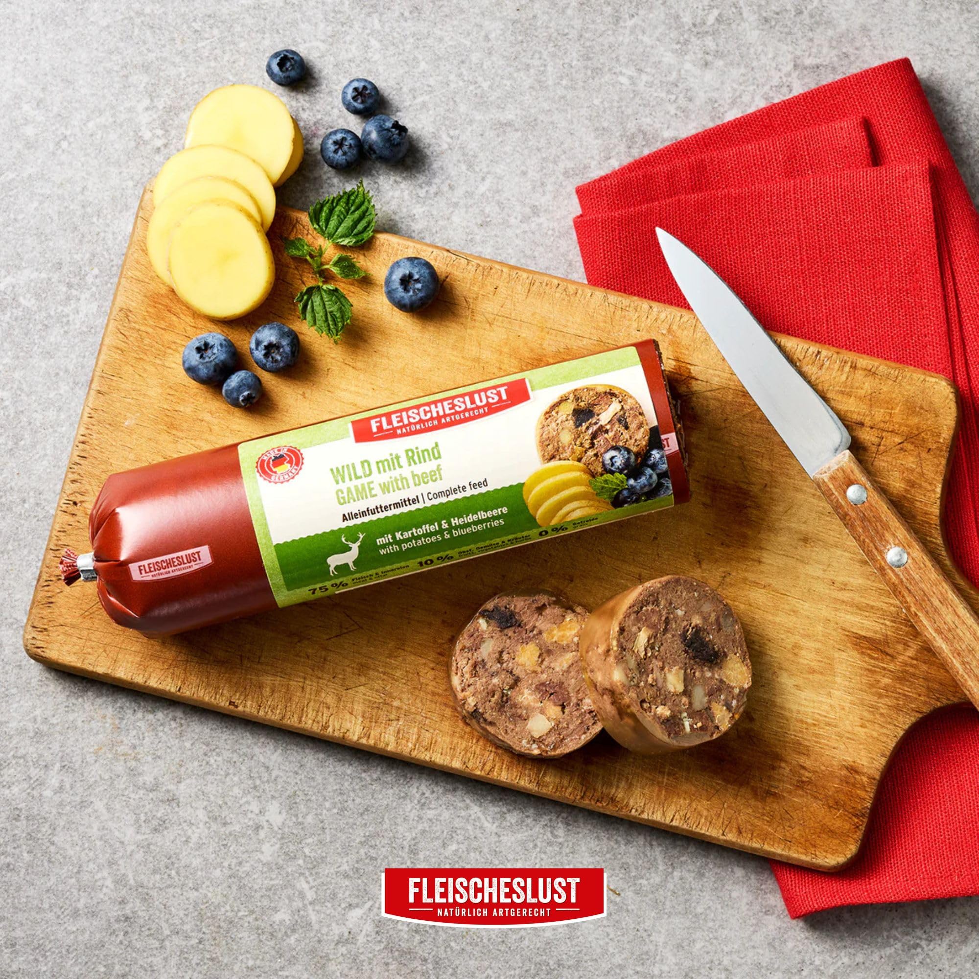 Fleischeslust Salchichas para perros, caza y ternera con patatas y arándanos, 6 x 800 g, comida húmeda, resistente a los cortes, sin cereales, pienso completo para perros adultos