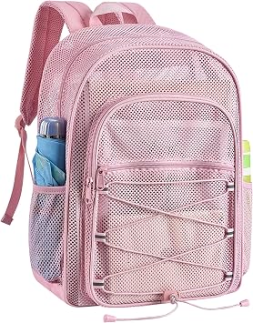 Busiuw Heavy Duty Mesh Backpacks for Adults,Large Capacity See Through Backpack with Adjustable Straps, Mesh Bags for SwimmingPink