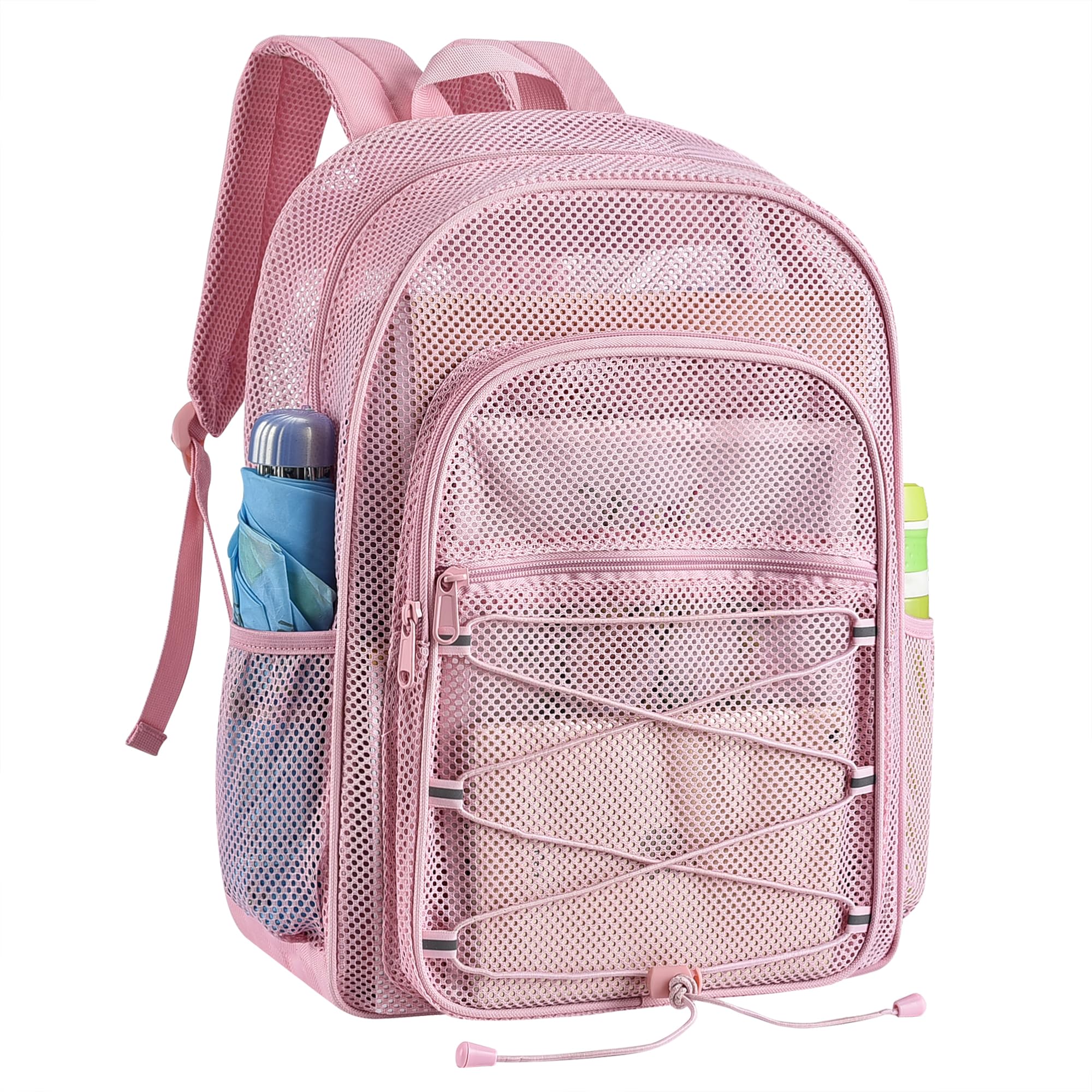 Heavy Duty Mesh Backpacks for Adults School Booking Bags for Boys and Girls, See Through Backpack with Adjustable Straps, Mesh Bags for Swimming(Pink)