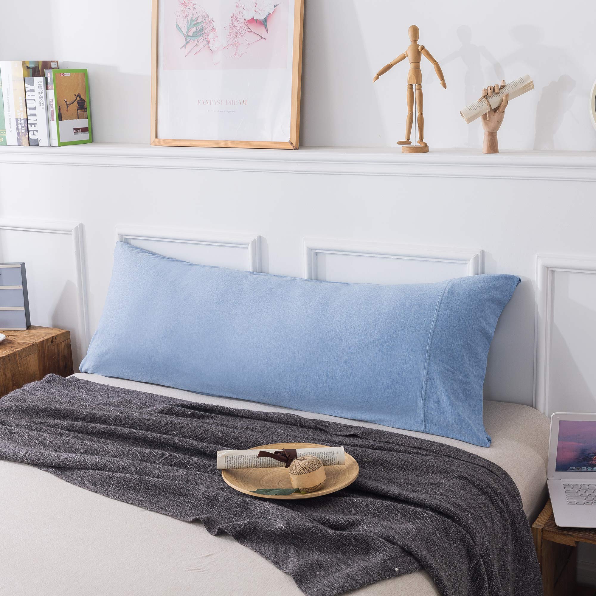 Household 100% Jersey Cotton Pillowcase 20”x54”-Light Weight, Comfortable, Super Soft Pillow Case with Envelope Closure Extremely Durable (Beige Blue,