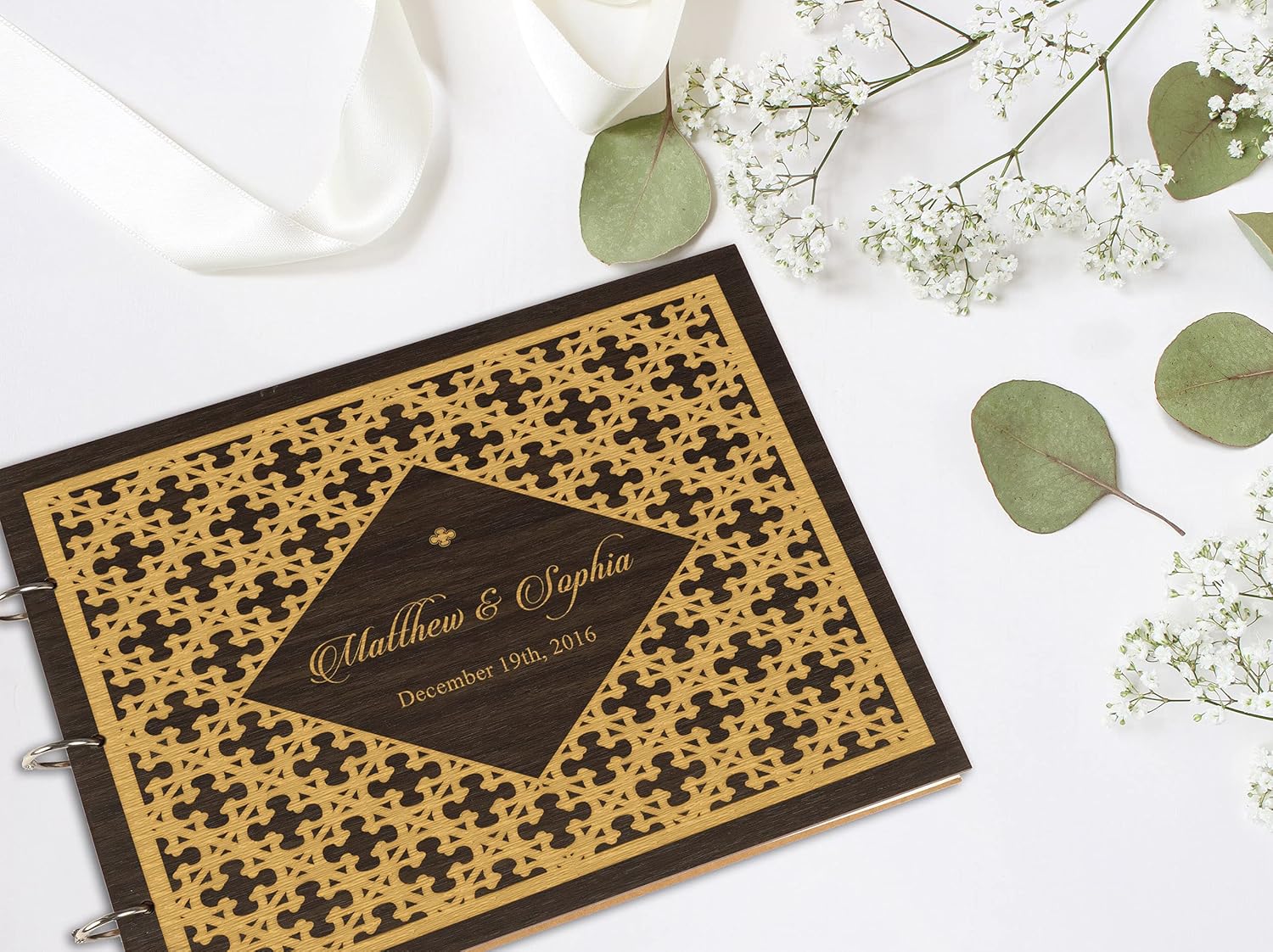 Darling Souvenir Personalized Engraved Laser Cut Wedding Guest Book Wooden Cover Sign-in Book Registry Guestbook Scrapbook-WZ