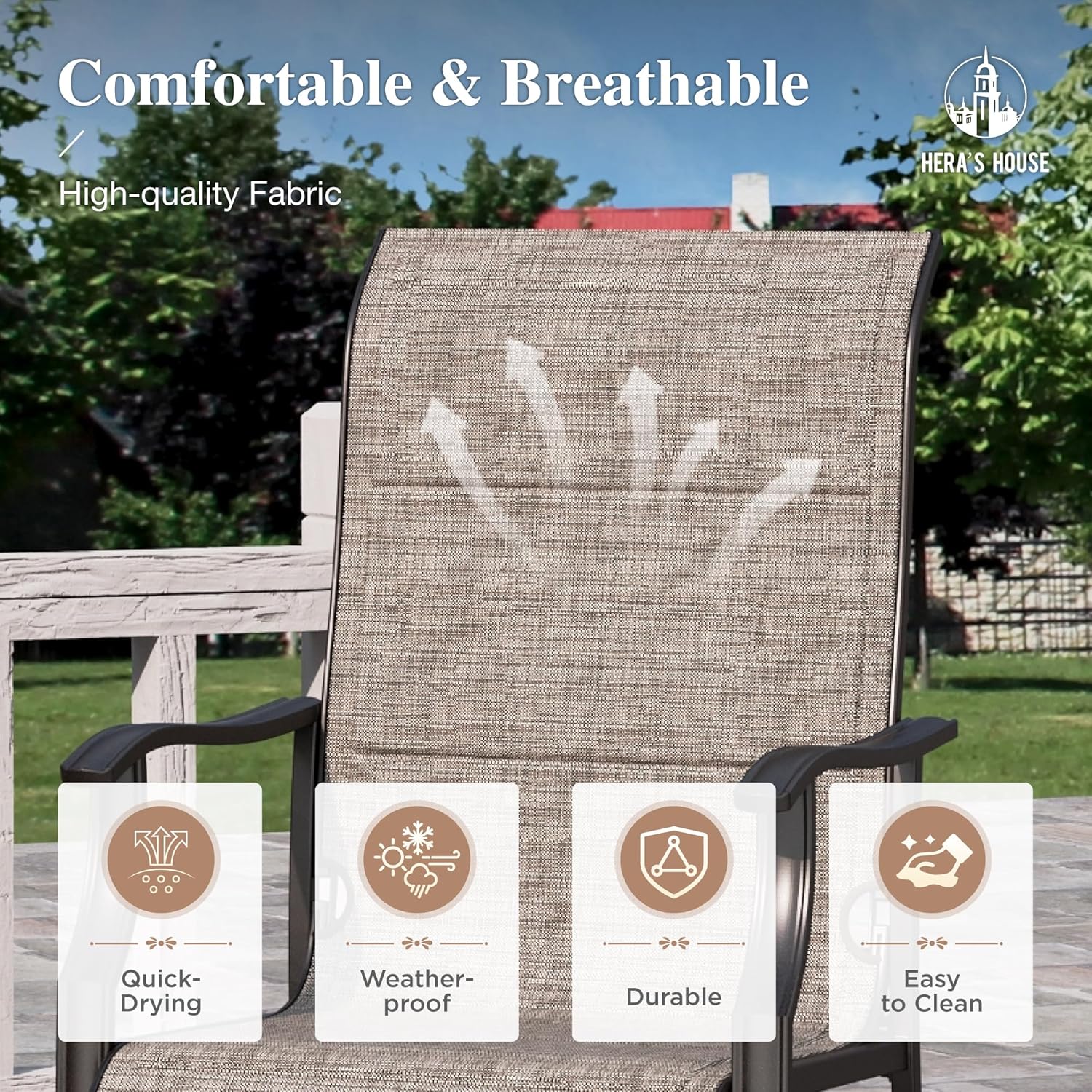 HERA'S HOUSE Premium Patio Dining Chair of 2, Rust Resistant Outdoor Chair with Textilene Padded Seat, Supports up to 350lbs with Comfort and Durability for Lawn Kitchen Garden Backyard