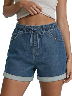 Women's High Waisted Drawstring Cuffed Stretchy Casual Pull On Jean Shorts | Womens Summer Elastic Waist Lightweight Jean Shorts, Loose Fit Fold Hem Tummy Control Comfy Denim Shorts