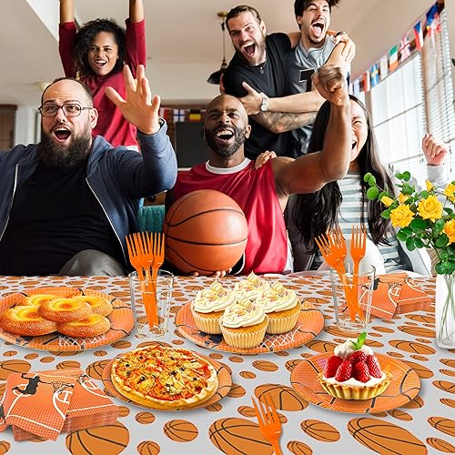 Miniatura 6 de Paquete de 120 piezas de suministros de fiesta de baloncesto, platos de papel, servilletas, tenedores, baloncesto, decoraciones de cumpleaños para