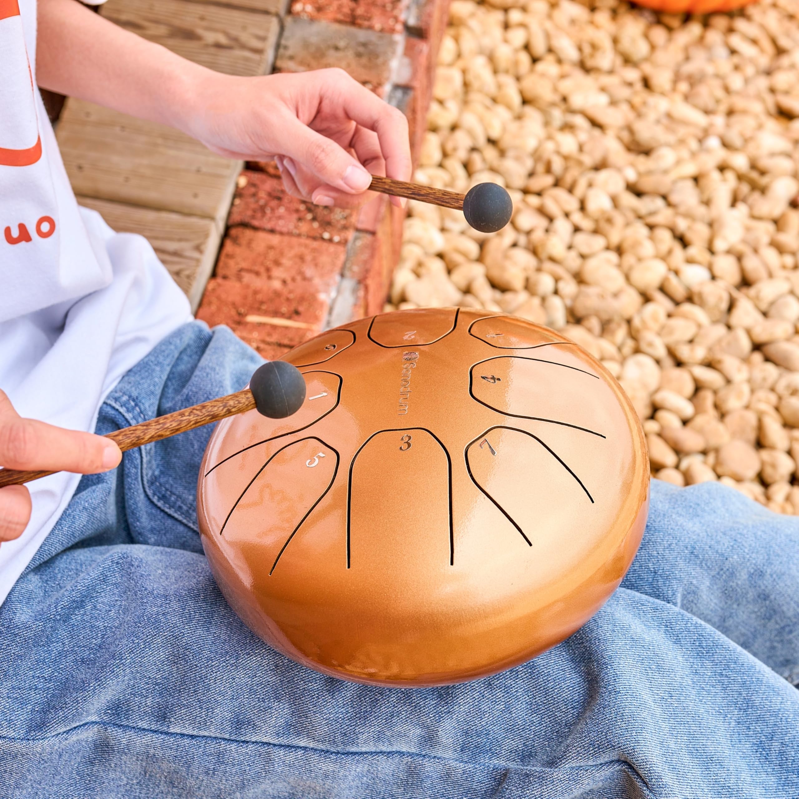 Zungentrommel "Standard" C - Dur in Gold - 20 cm klein mit 8 Tönen - Steel Tongue Drum inkl. Liederbuch, Schlägel, Fingersticks und Tragetasche - Notenlesen nicht nötig, einfach zu spielen.