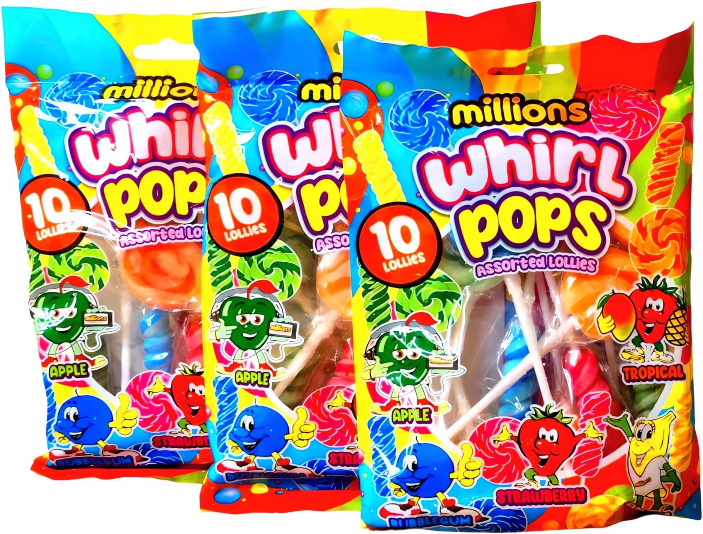 Millions Mini Whirl Pops Assorted Flavors, 3 Bag Bundle, 100g Each with 10 Lollipops Per Bag