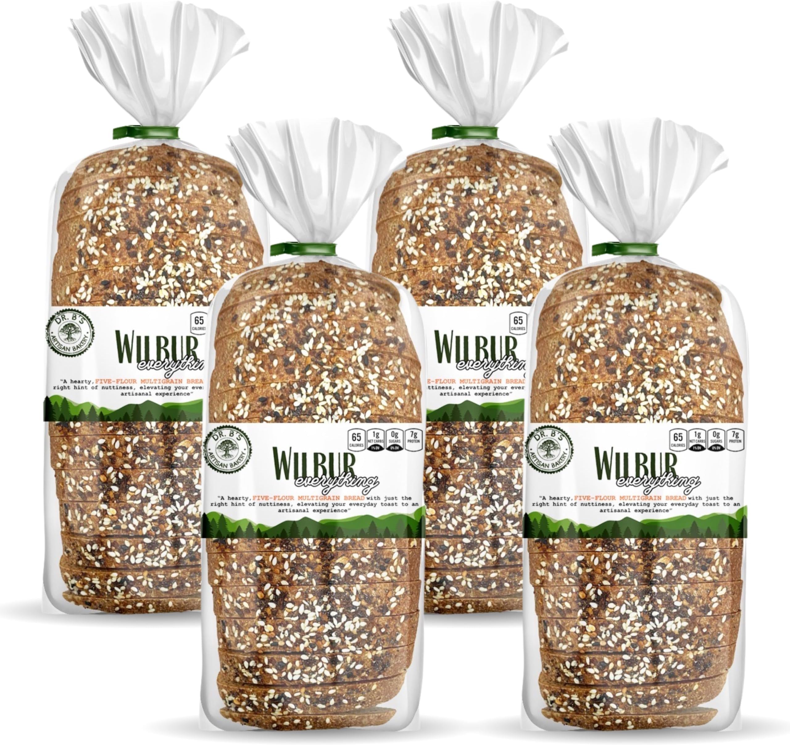 Dr. B's Wilbur Five Flour Multigrain Bread | 1g Net Carbs & 7g Protein | Low Calorie, Vegan, Sugar Free | Fresh, Sliced, Keto & Low Carb Bread Loaf (4 Pack (16 oz), Everything)