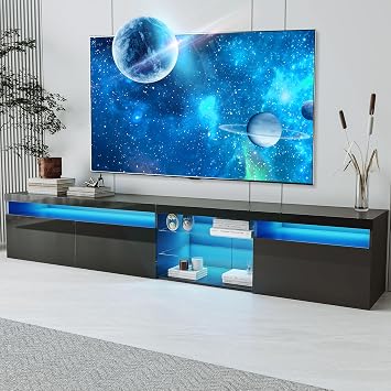 LED TV Stand for 100 Inch TV, Long Entertainment Center with Storage Cabinet and 2 Glass Shelves, Modern TV Console with LED Lights for Living Room, Home Theater, Lounge Room, Black