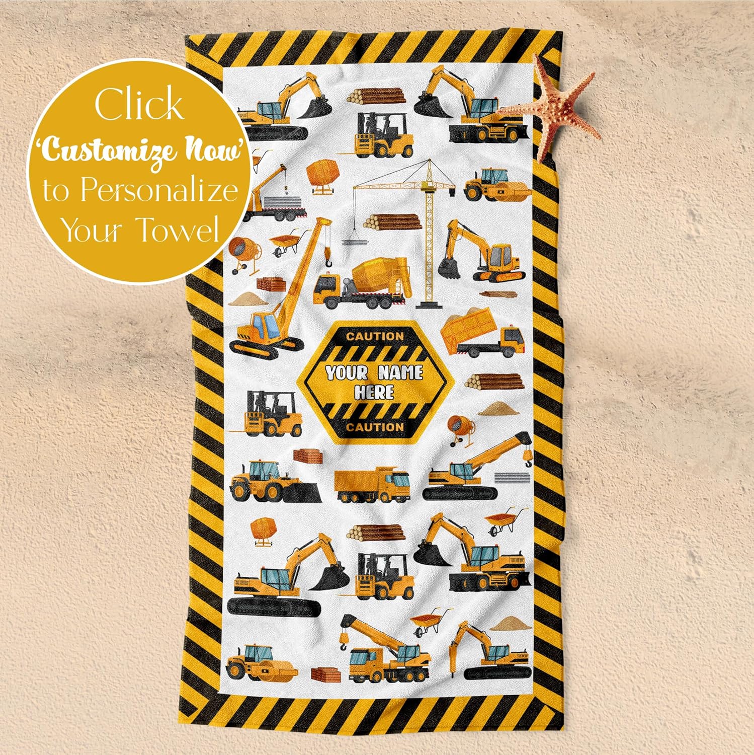 Personalized Road Construction Beach Towel for Boys with Heavy Trucks and Vehicles, Fun Early Learning for Kids, Absorbent Cotton, Quick Dry Microfiber for Pool, Travel or Bath, Colorful, 30” x 60”