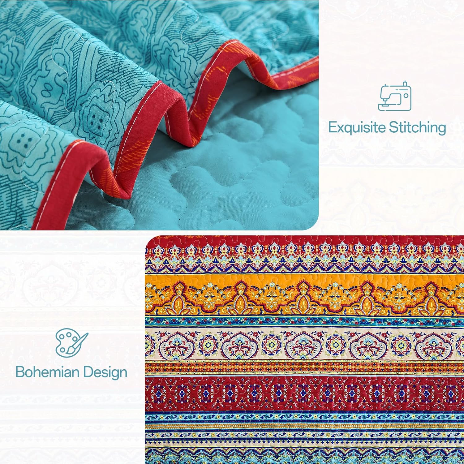 WONGS BEDDING Bohemian Quilt Set King Size, Boho Striped Printed Quilts Bedspread Set for All Seasons, Lightweight Microfiber Coverlet Bedding Set with 2 Pillowcases 104"x90" (3 Pieces, Colorful) - Image 7