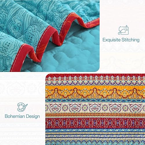 Miniatura 7 de WONGS BEDDING Juego de edredón bohemio de tamaño matrimonial, juego de edredón de rayas bohemias azules, juego de edredón de 3 piezas de microfibra