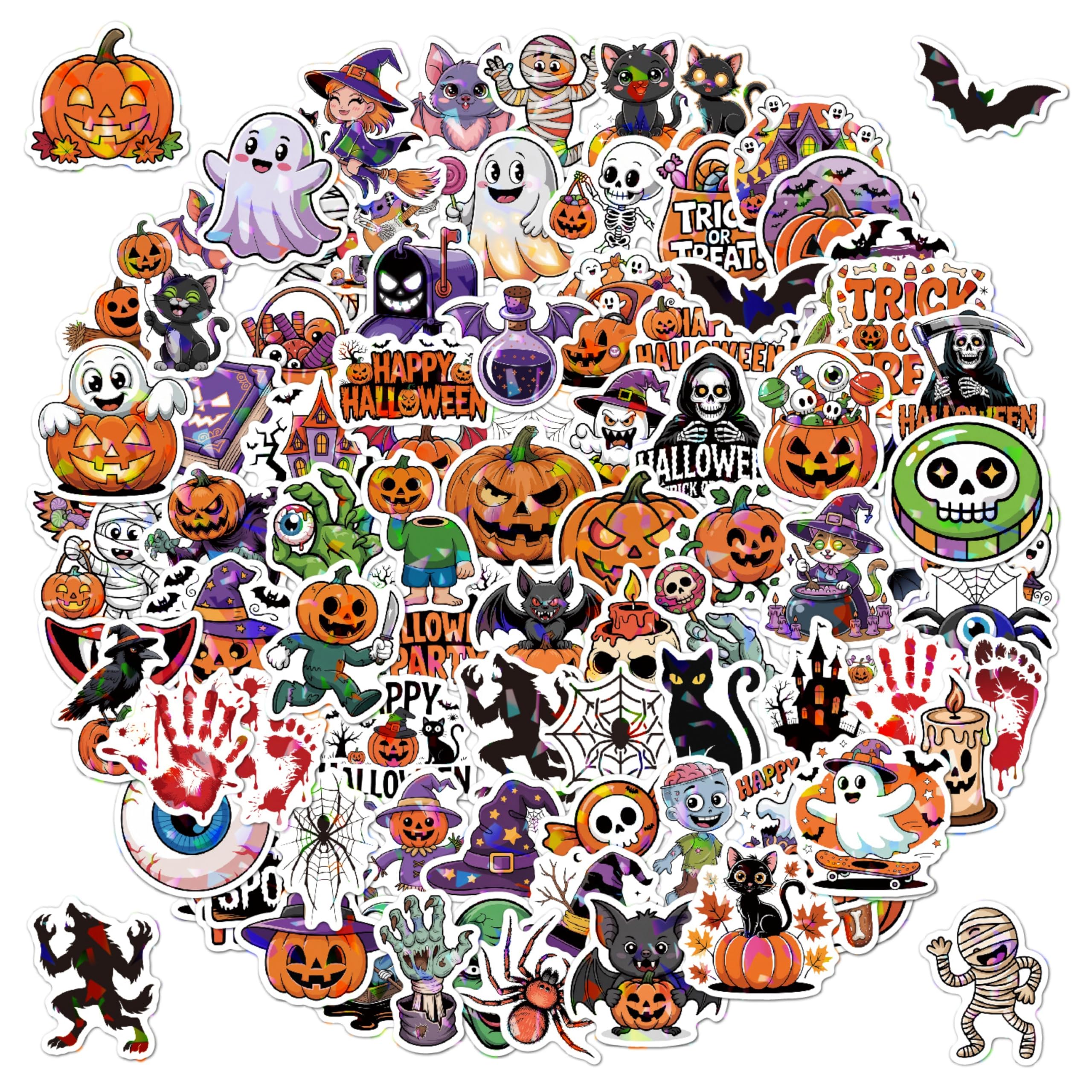 Masper Halloween Stickers, 100 Unique Happy Halloween Stickers, Waterproof Holographic Shiny Vinyl Pumpkin Stickers for Halloween Decorations Party Favors Cards Crafts — image 1