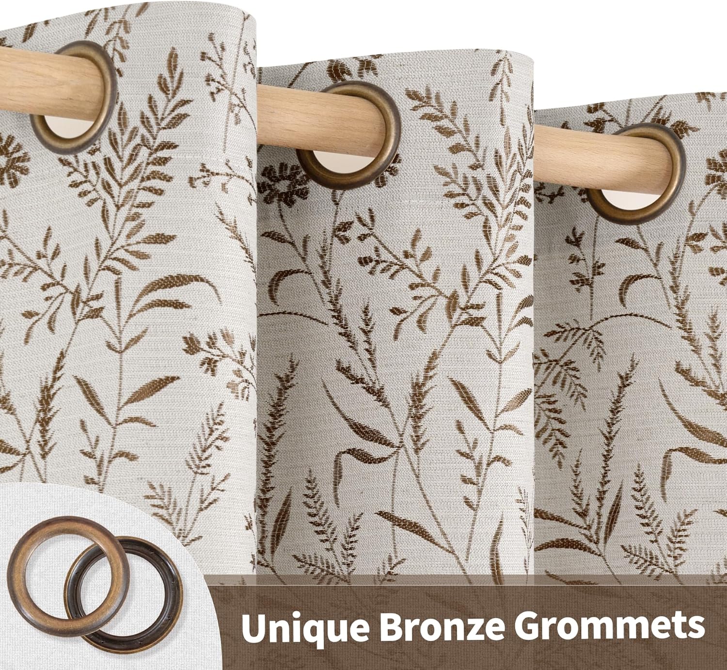 BGment Brown Fall Curtains for Living Room - Linen Jacquard Leaf Floral Botanical Branch Vintage Cottage Core Light Filtering French Country Scandi Style Decor Window Drapes, 2 Panels, 52 x 84 Inch