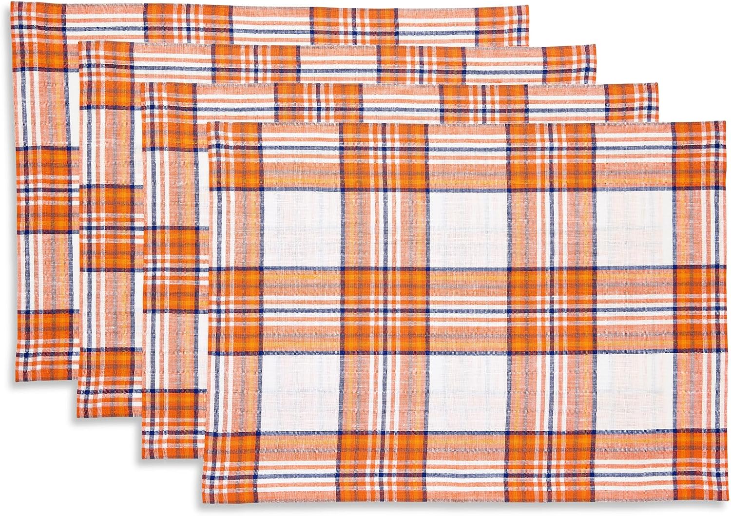 Solino Home Placemats Set of 4-100% Pure Linen Orange Tartan Plaid Placemats 14 x 19 Inch for Spring, Summer - Handcrafted and Machine Washable