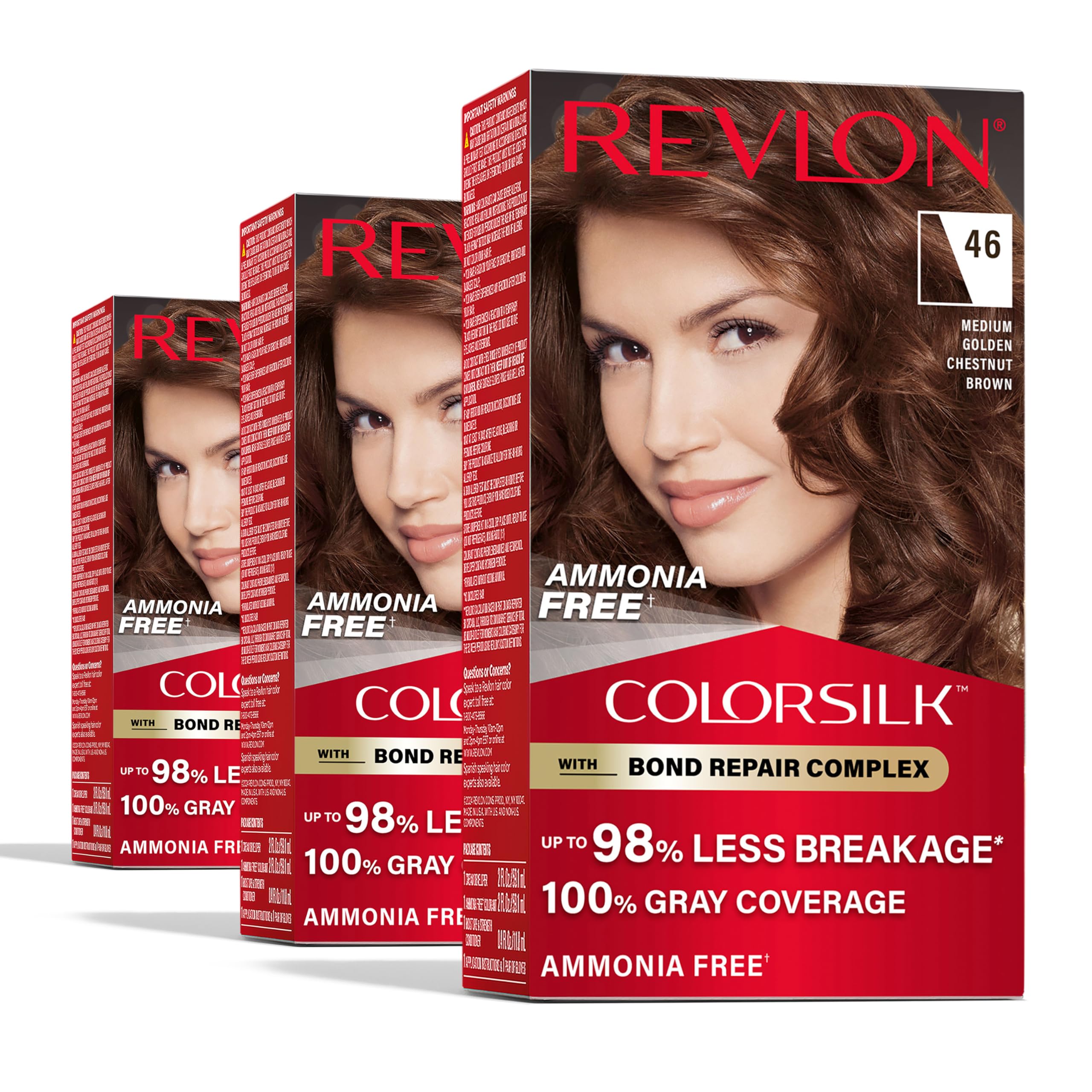ColorSilk with Bond Repair Complex, Brown Permanent Hair Color, 100% Gray Coverage, Ammonia Free Hair Dye, Vegan Keratin, 46 Medium Golden Chestnut Brown (Pack of 3)