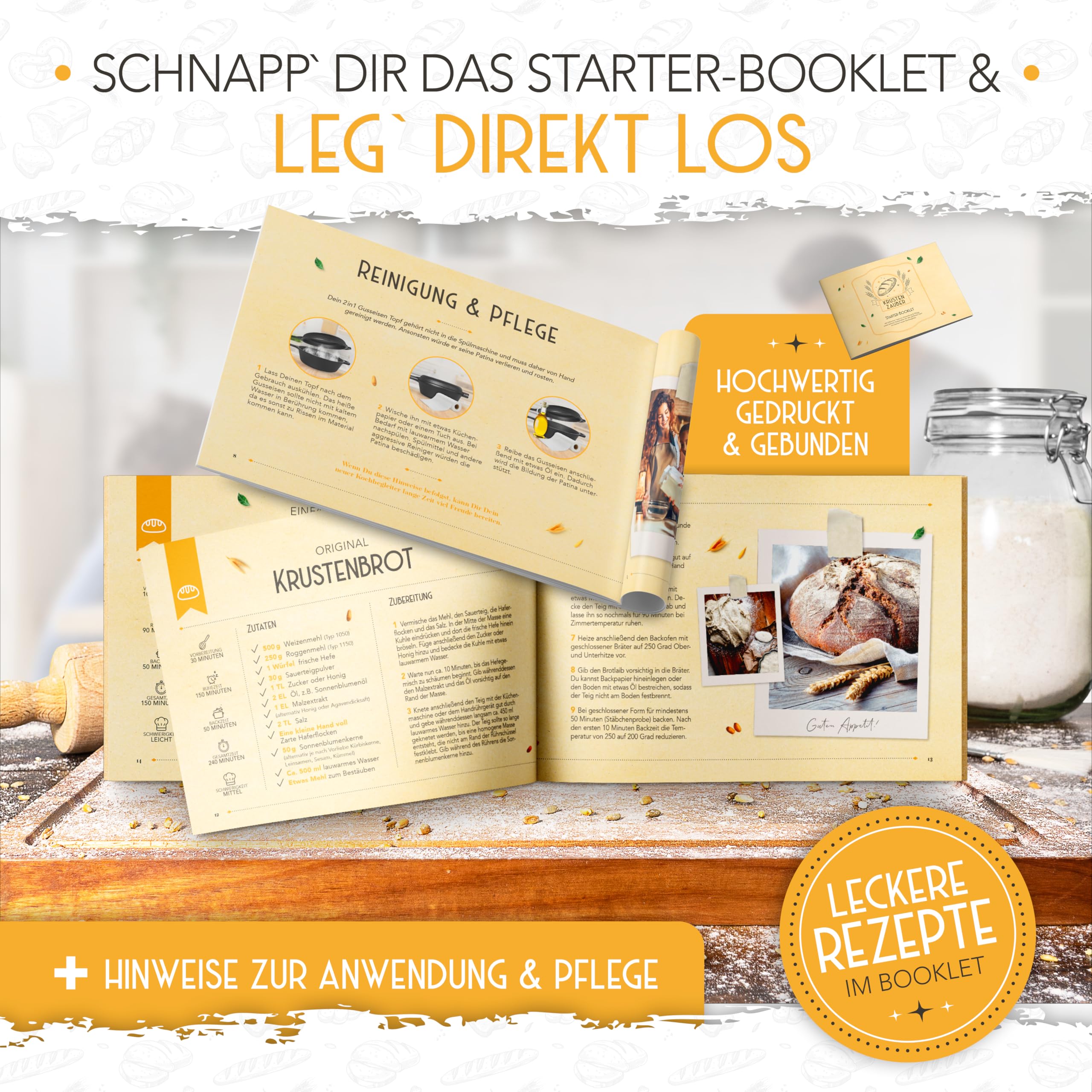 KRUSTENZAUBER Casserole à Pain en Fonte 26 cm avec Panier de Fermentation - Pot Robuste pour Cuisson - Moule Idéal avec Couvercle, Poêle et Accessoires