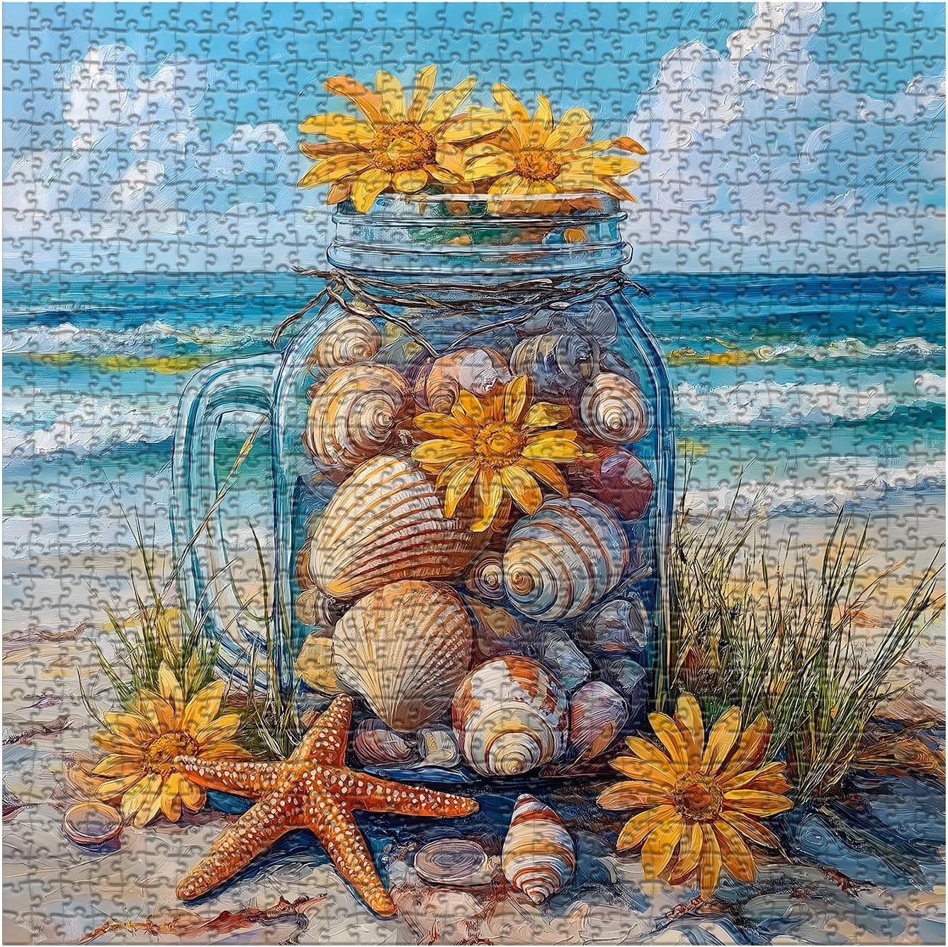 pickforu beach puzzles for adults 1000 pieces, coastal seashell jar puzzle sunflowers starfish?summer ocean jigsaw puzzles painting?nature challenge for adults