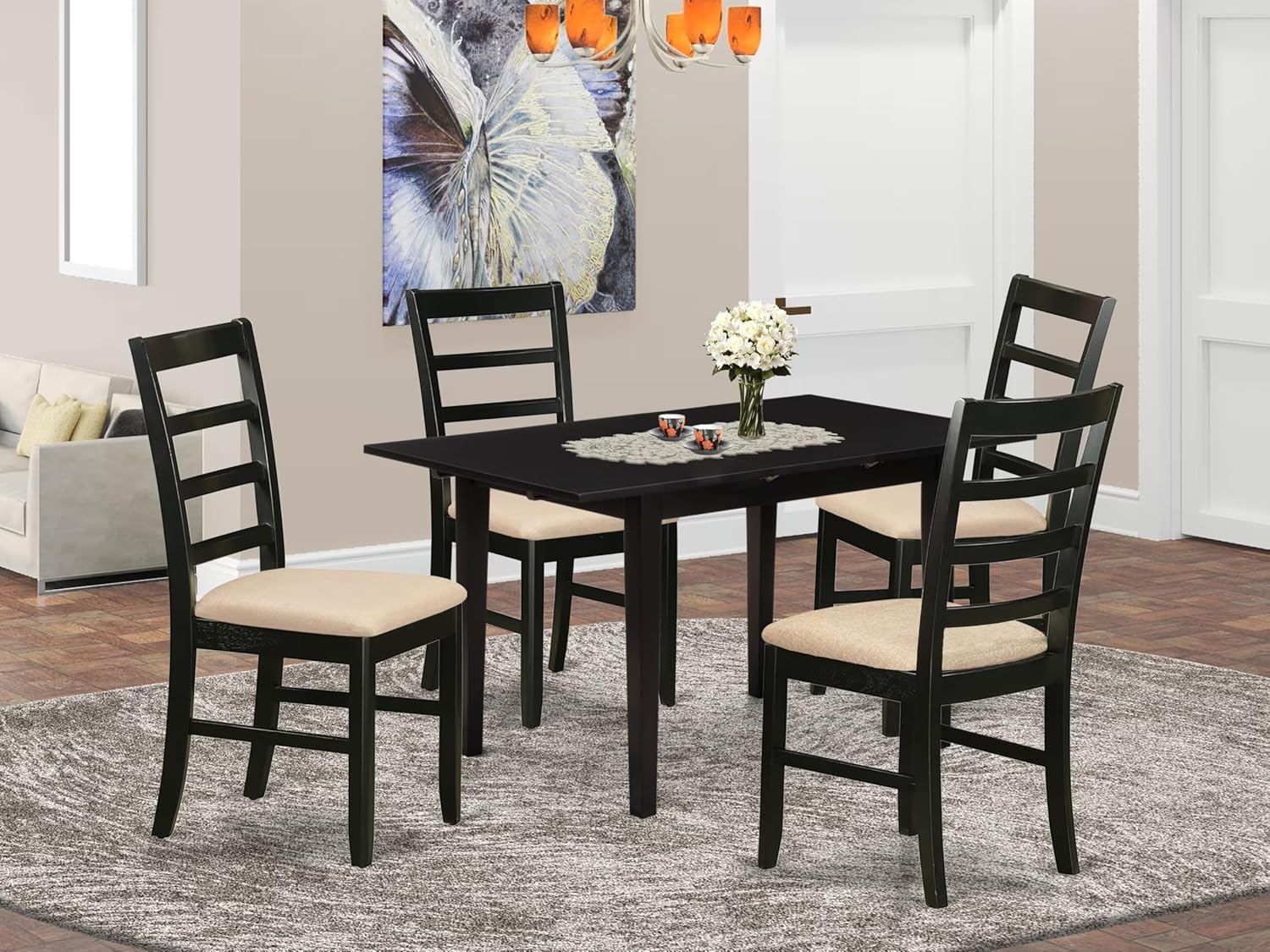 East West Furniture NOPF5-BLK-C 5 Piece Dining Room Furniture Set Includes a Rectangle Kitchen Table with Butterfly Leaf and 4 Linen Fabric Upholstered Chairs, 32x54 Inch, Black image 2 of 13 B08J9QTMHD