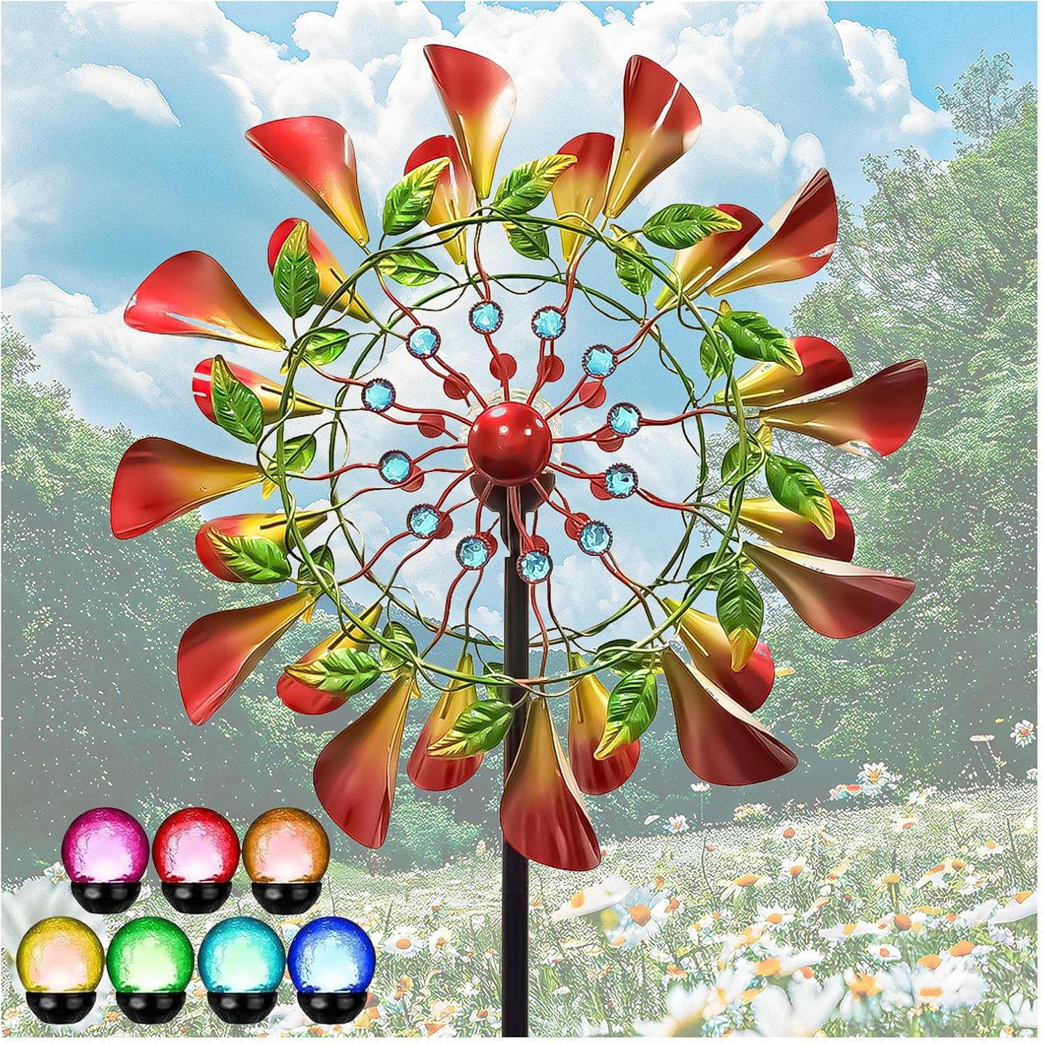83in Yard Spinners Solar Powered Glass Ball with Kinetic Metal Yard Spinners