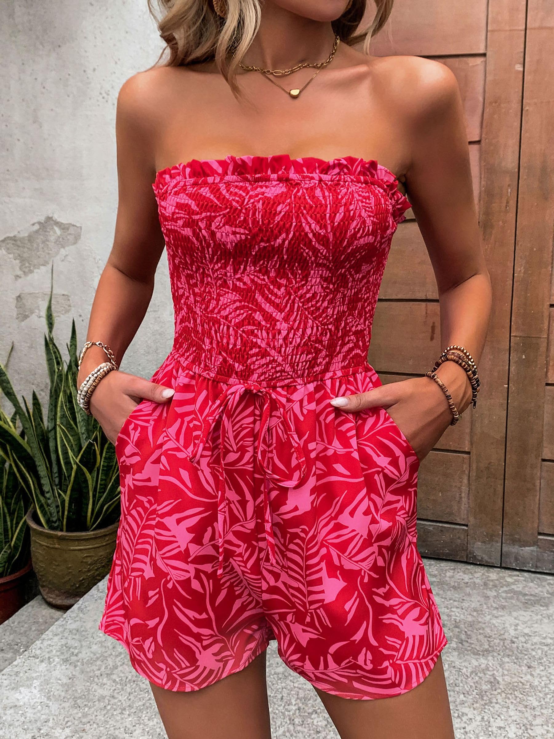 Combishort Femme Bohème Plage Romper Été Imprimé Bustier Fleur Sans Bretelles Short 2025 Tendance