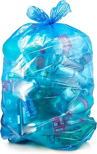 Bolsas de basura de reciclaje de 55 galones, (50 unidades con lazos) Bolsas de basura grandes de plástico azul