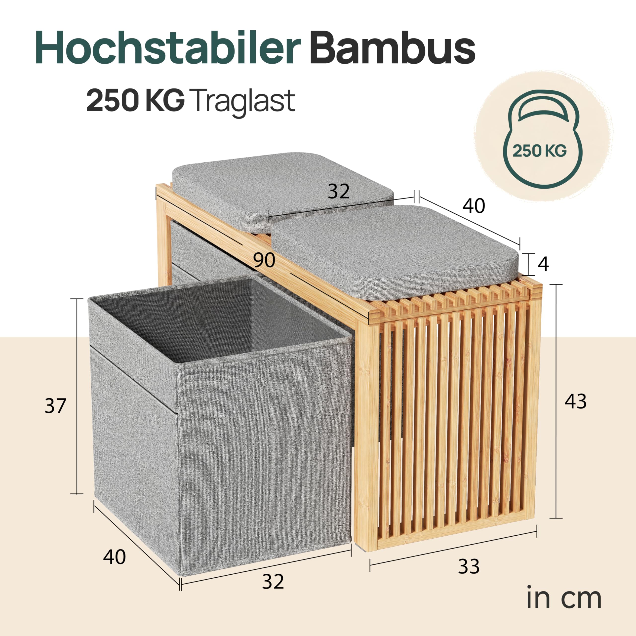 Bambus Sitzbank Mit Stauraum - Sitzbank Flur - Sitztruhe Mit Stauraum | BAM BOO BOX Truhenbank mit Stauraum - Sitzbank Schlafzimmer 90x33x43cm - Sitzbank Garderobe - Garderobenbank (Grau)