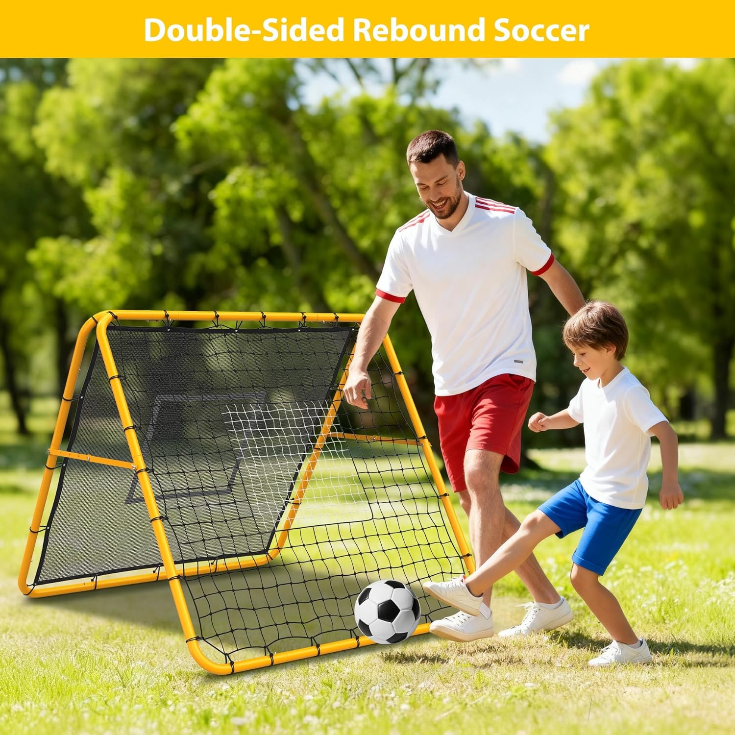 Adjustable 4x4 ft Multi-Sport Rebounder Net – Dual Training Net for Soccer, Baseball & Softball, Portable and Foldable for All Skill Levels