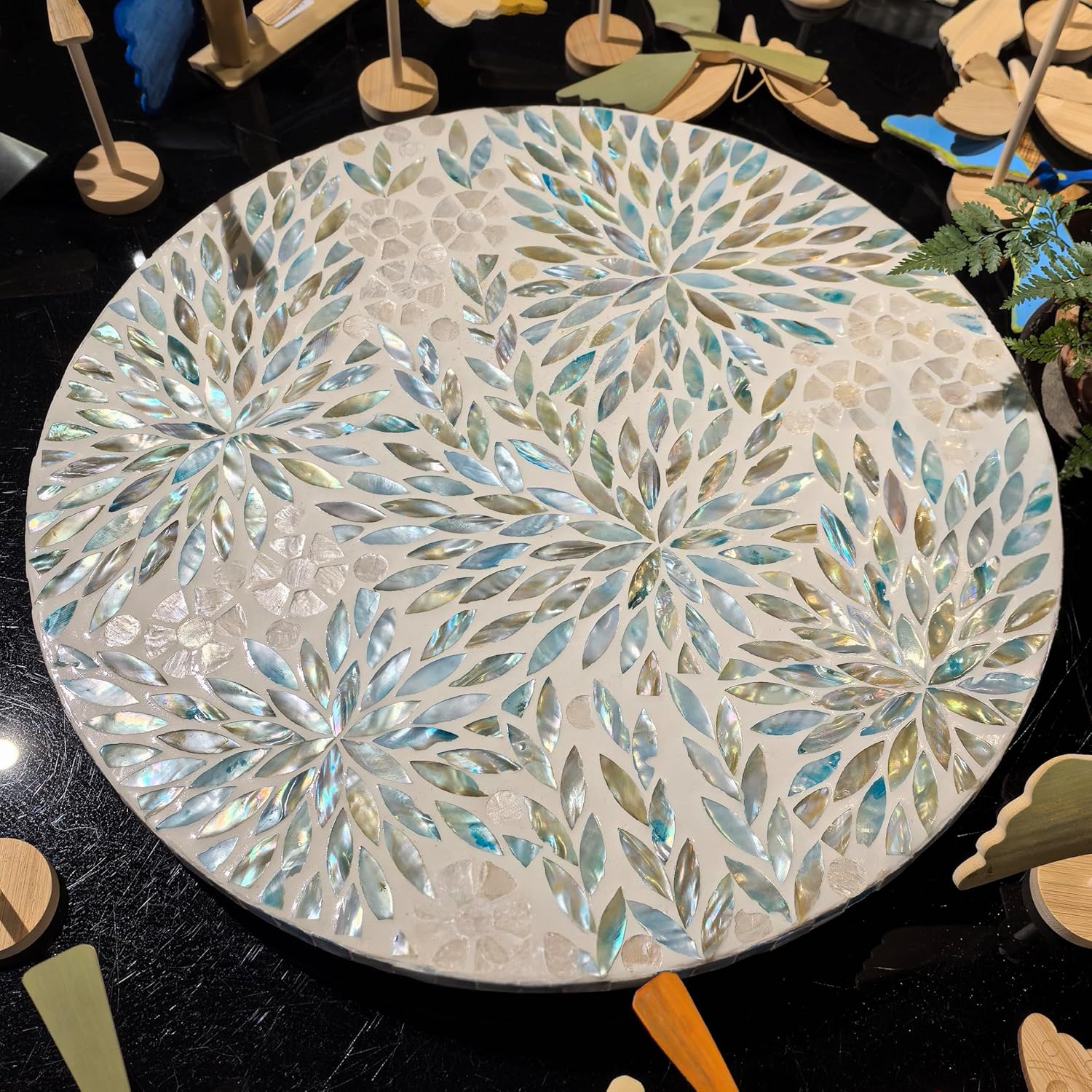 i-lan 18-inch Mother of Pearl Lazy Susan – Large Rotating Turntable with Floral Inlay, Smooth Spin for Kitchen Cabinet Dining Table Organizer