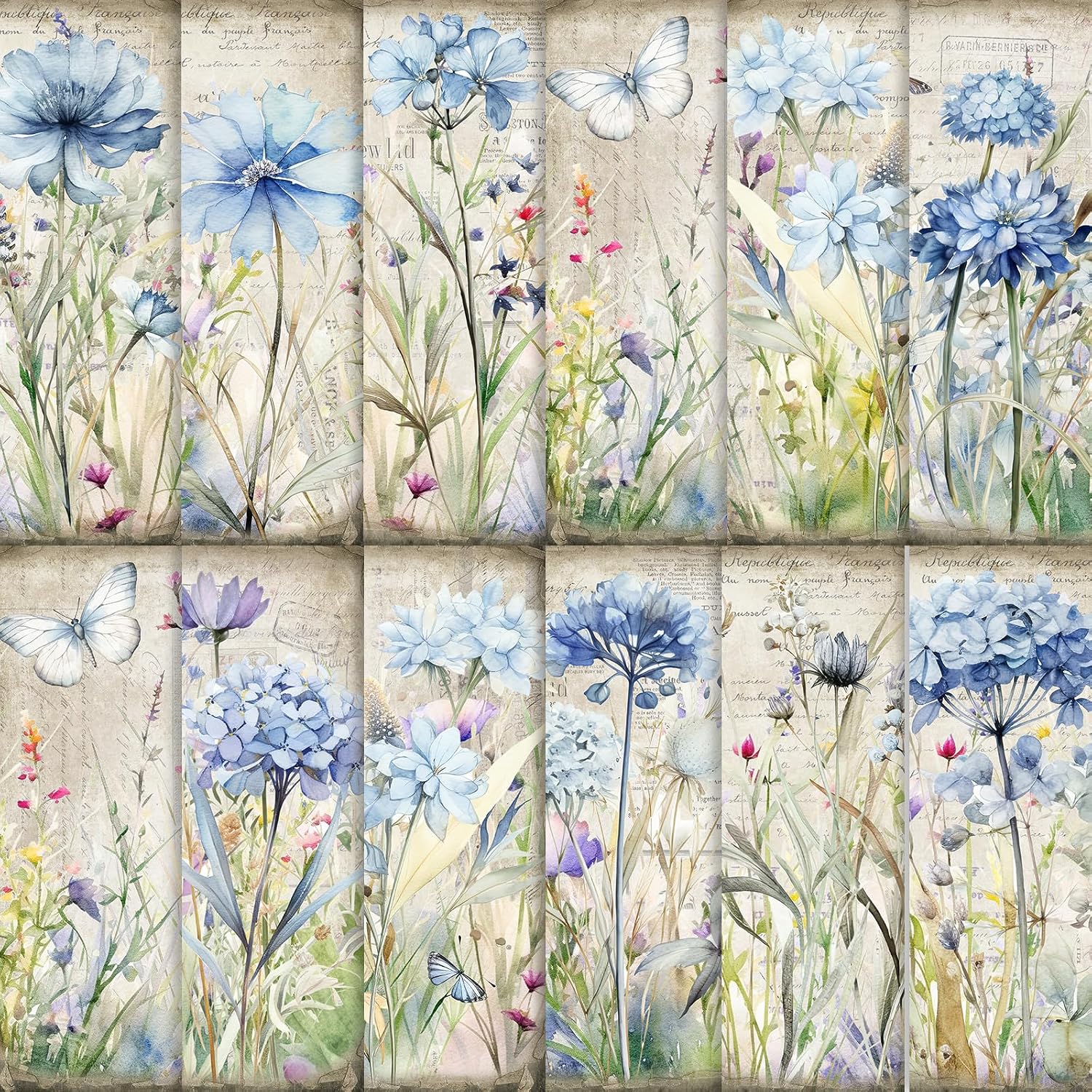 60 Sheets Spring Floral Scrapbook Paper, 11'' x 8.5'' Double - Sides Blue Floral Decorative Craft Paper Folded Flat for Birthday Card Making Photo Album Junk Journals Supplies (A)