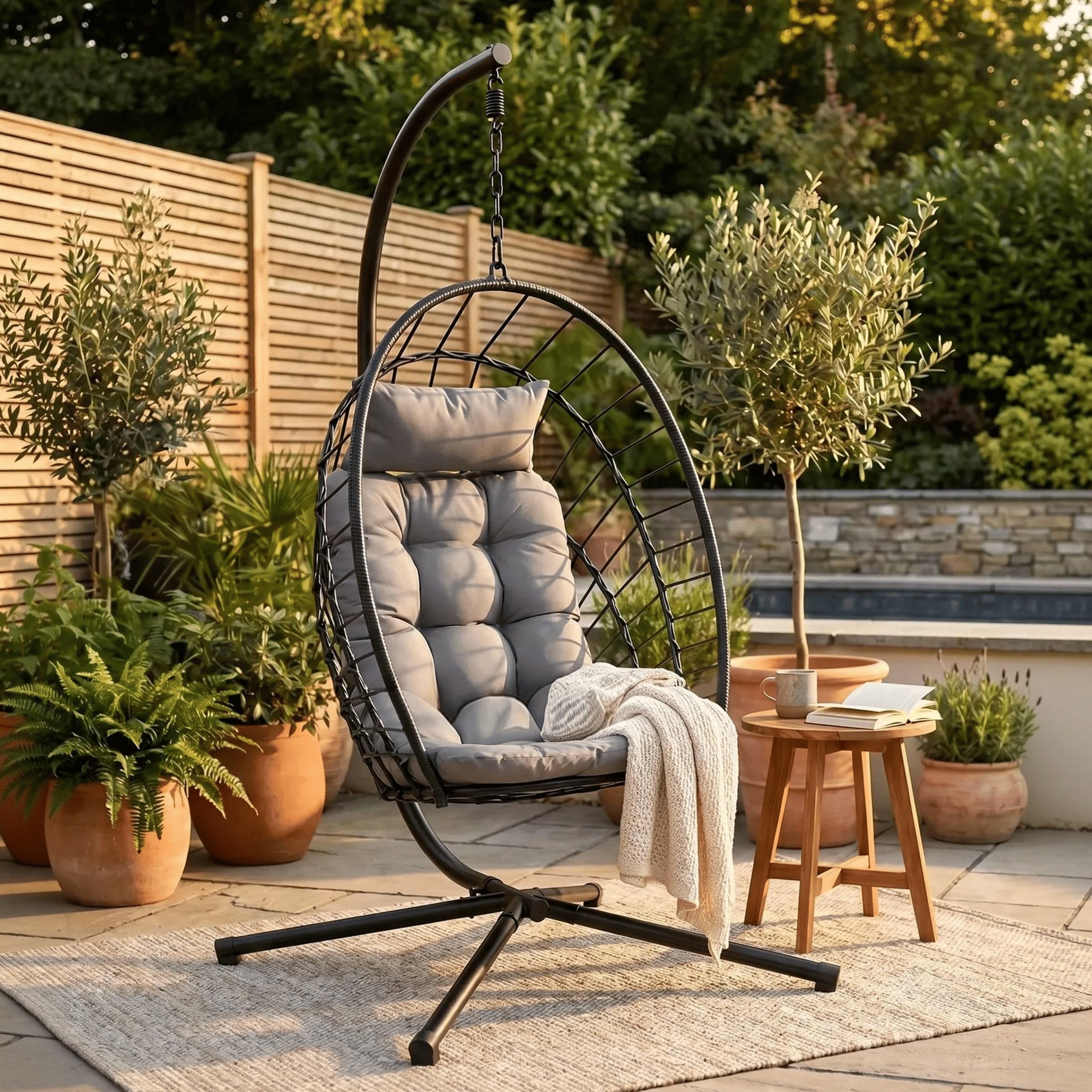 LIFERUN Poltrona sospesa con telaio, pieghevole con cuscino, per interni ed esterni, per il tempo libero, per adulti e bambini, per giardino, terrazza, balcone, soggiorno, portata fino a 160 kg (nero)