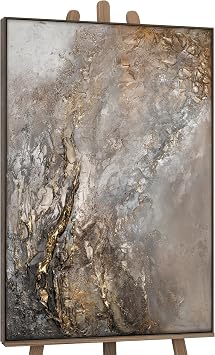 YS-Art Framed Hand Painted Acrylic Painting on Canvas Universe Textured Artwork in Grey Color with Gold Wall Art for Bedroom Home Decor 48x32 inch