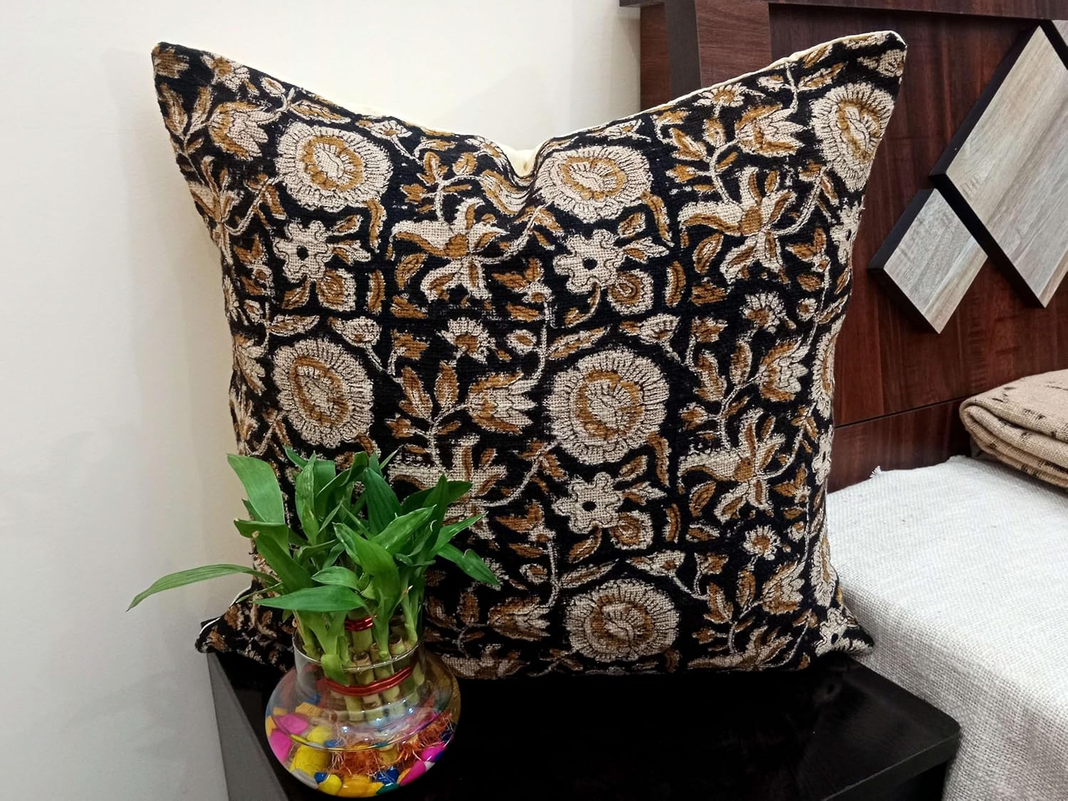 Handblock Print Cotton Cushion Covers Set of 2 | 26x26 Inch Decorative Throw Pillow Cover with Traditional Floral & Stripe Design – Handmade Envelope Closure Sofa & Bed Cushion Cases