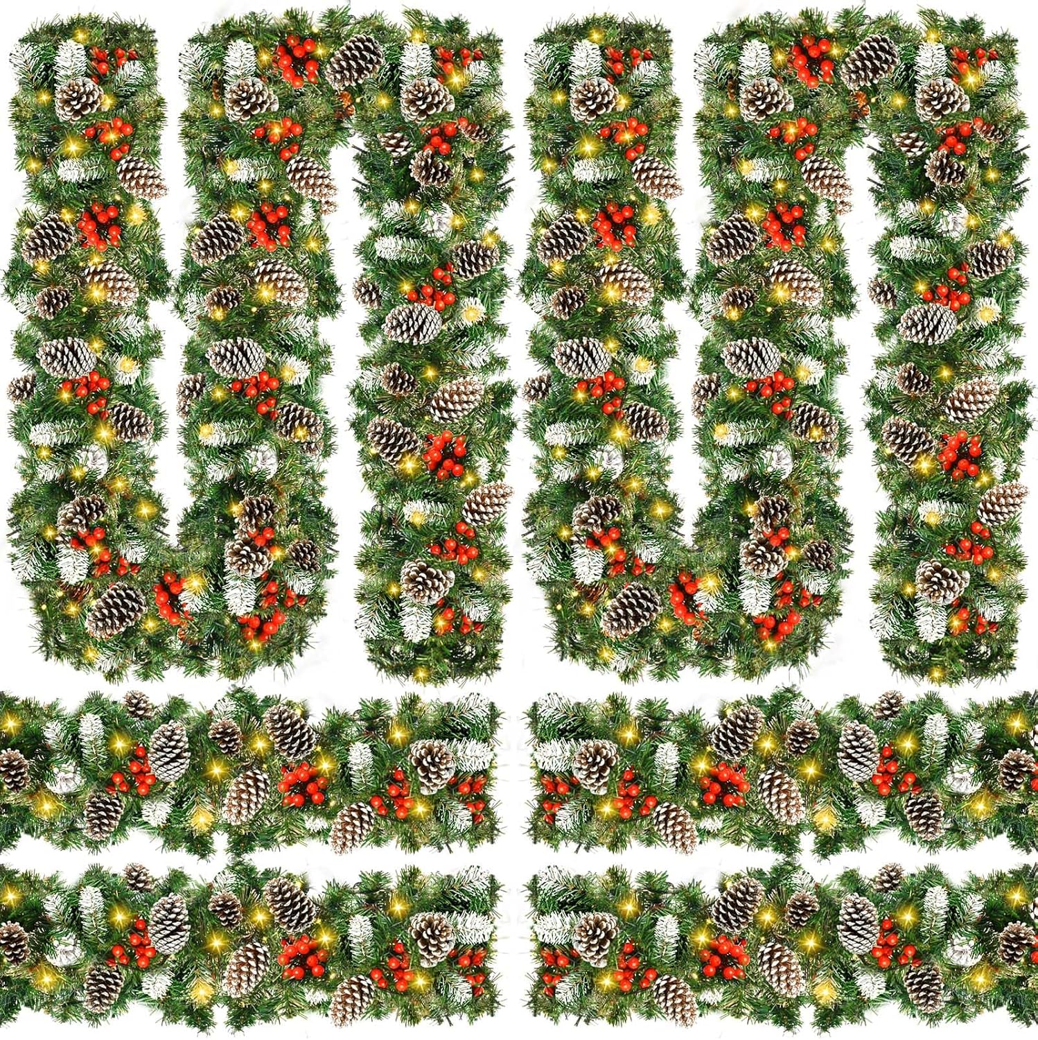 Yunlly 4 Set 9 ft Prelit Christmas Garland with Timer Xmas Artificial Pine Garlands with 8 Mode String Lights for Indoor Fireplace Kitchen Holiday, Total 36 ft(Stylish Style with 100 Lights)