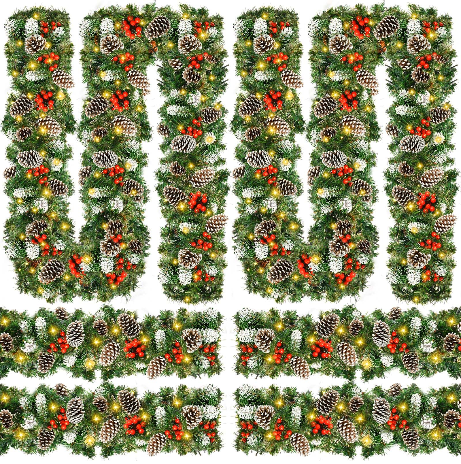 Yunlly4 Pack Prelit Christmas Garland with Timer 9 ft Xmas Thick Tips Pine Cones Red Berry Garlands with 100 LED Battery Operated with 8 Mode LED String Lights for Indoor, Home Decoration