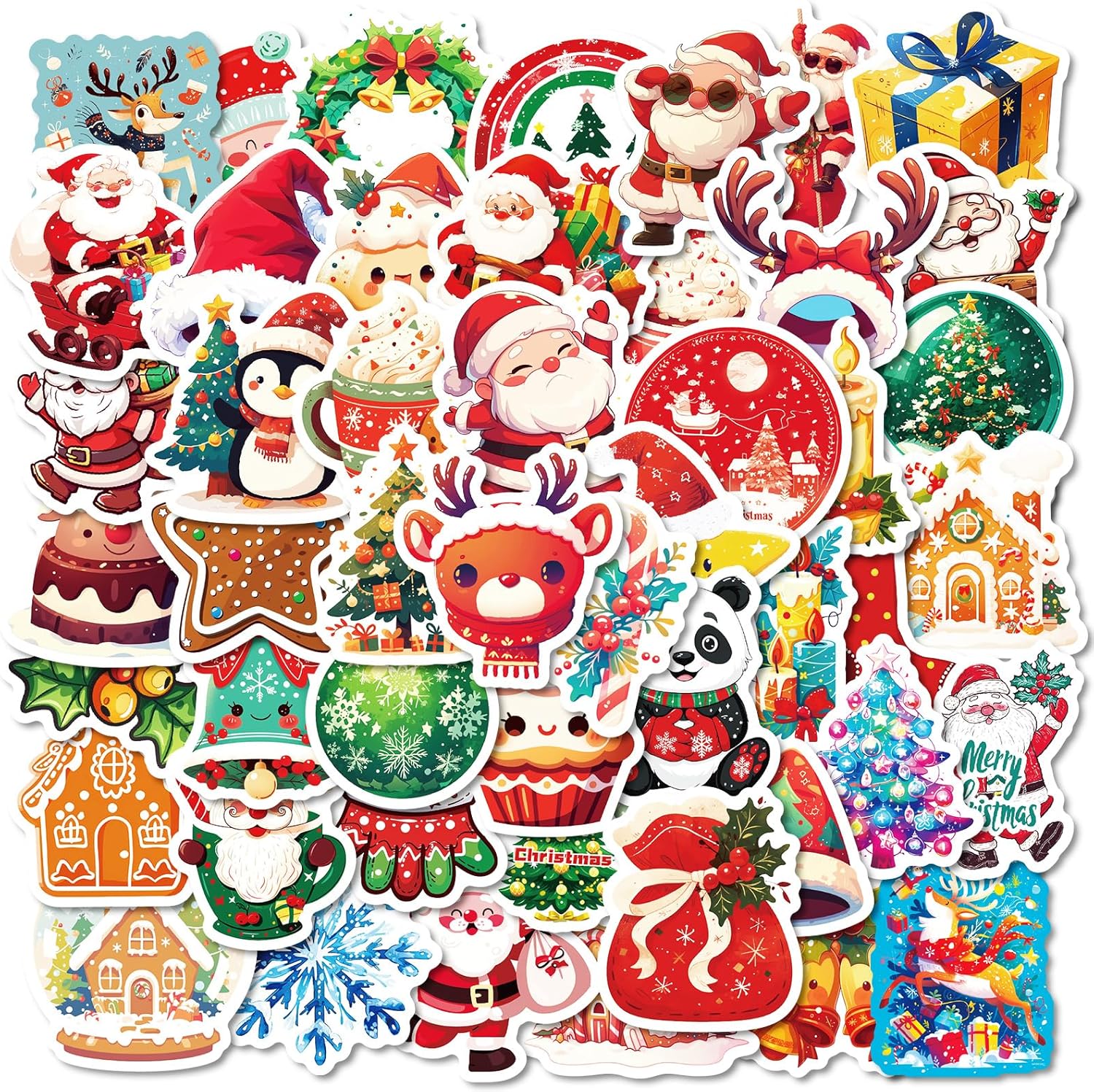 50 PCS Christmas Theme Stickers, Waterproof Xmas Holiday Party Stickers, Kids and Youth Decals for Scrapbook,Xmas Party Favorite (Christmas-02)