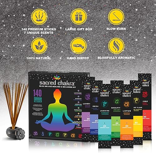 Miniatura 3 de Mecka Sacred Chakra Incienso Varillas de Regalo  140 Varillas de Incienso para Yoga, Aromaterapia y Relajación  7 aromas únicos de alineación para