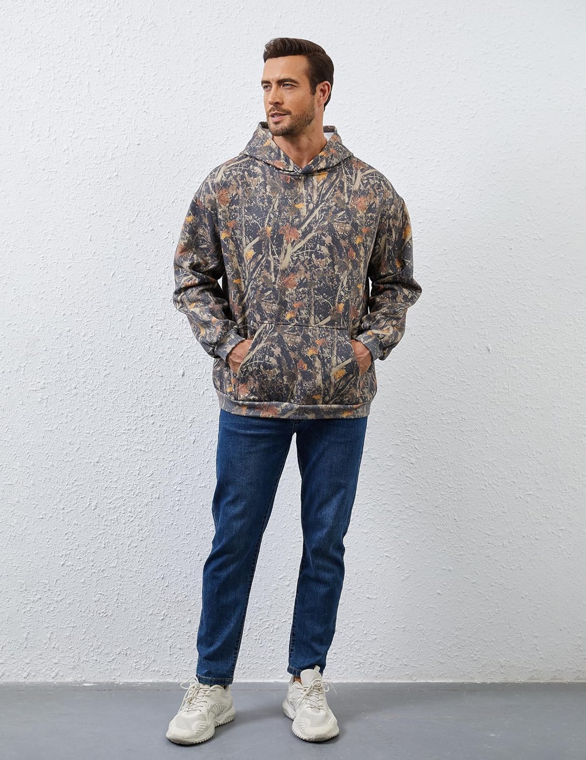 Mens Camo Hoodies Maple Leaf Print Oversized Hooded Sweatshirt Fleece Pullover Sweatshirts Long Sleeve with Pocket - Image 5