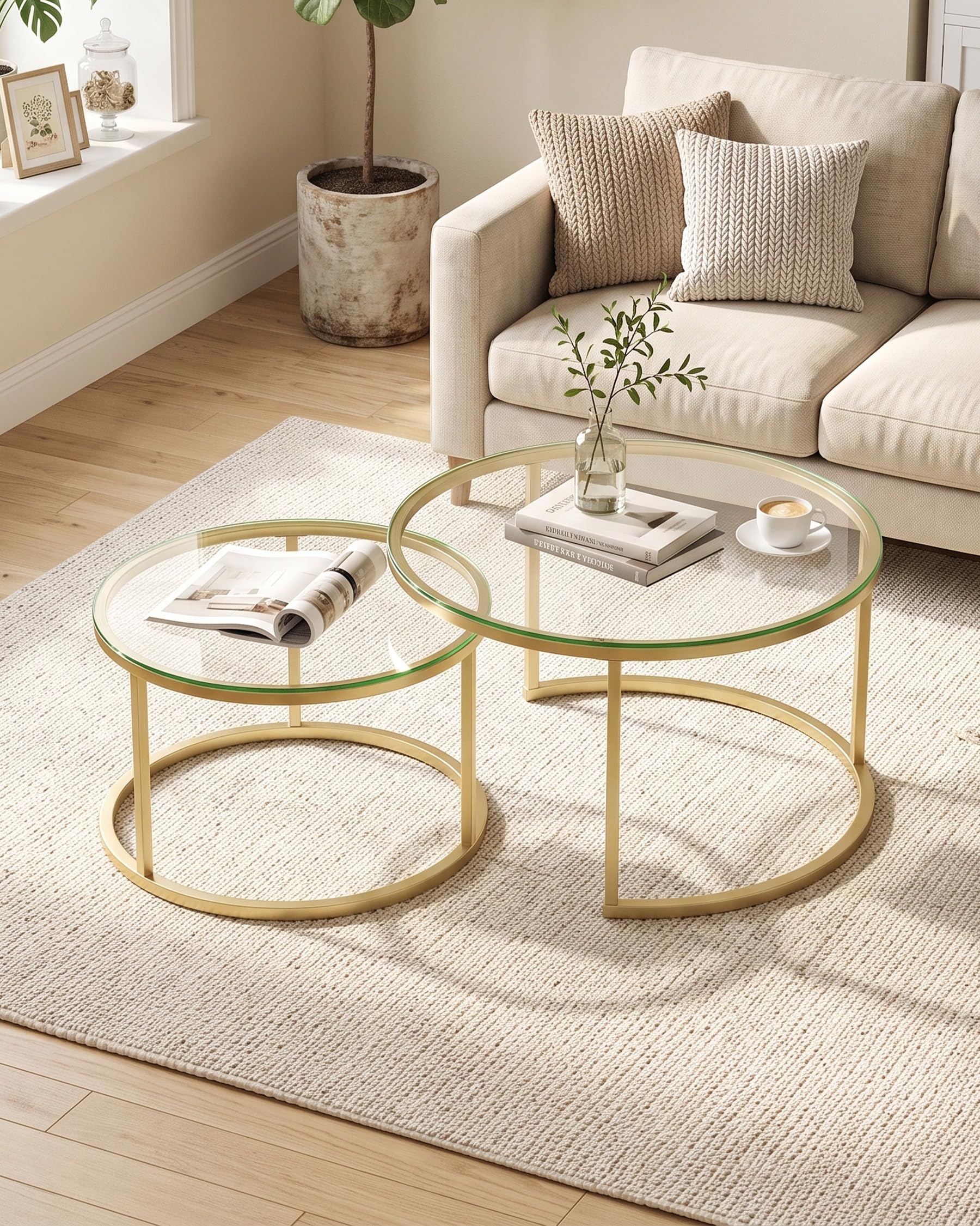 Tavolino Salotto in Vetro Set da 2 Ø80+60 cm, Tavolini da Salotto Rotondi in Vetro Trasparente e Struttura Dorata, Tavolo Salotto Moderno Impermeabile per Interno ed Esterno